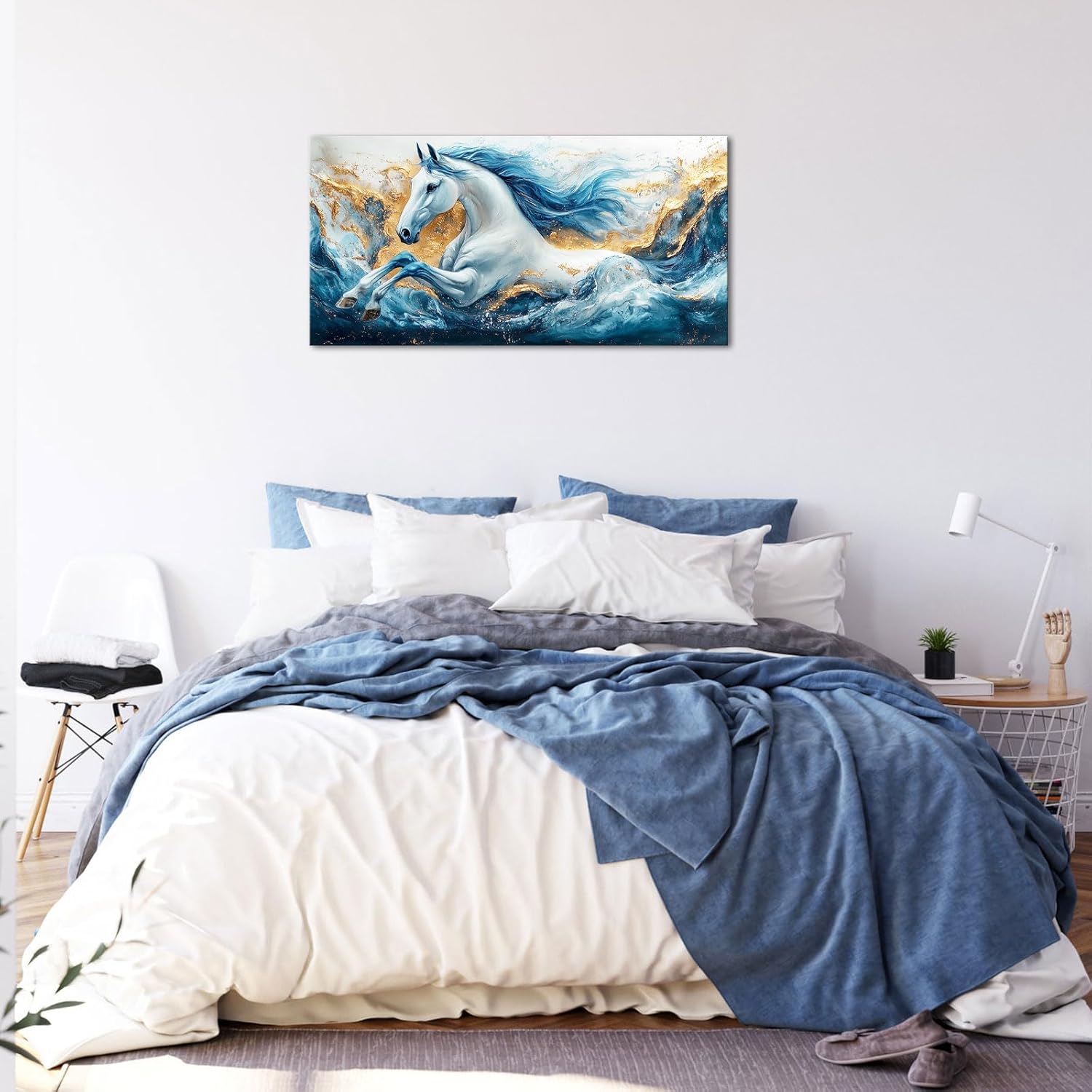 VANSEEING Abstract Horse Wall Art Modern Blue and Gold Sea Wave Animal Picture Wall Decor Canvas Prints Ocean Horse Painting Artwork for Living Room Bedroom Office Bathroom 20"x40"