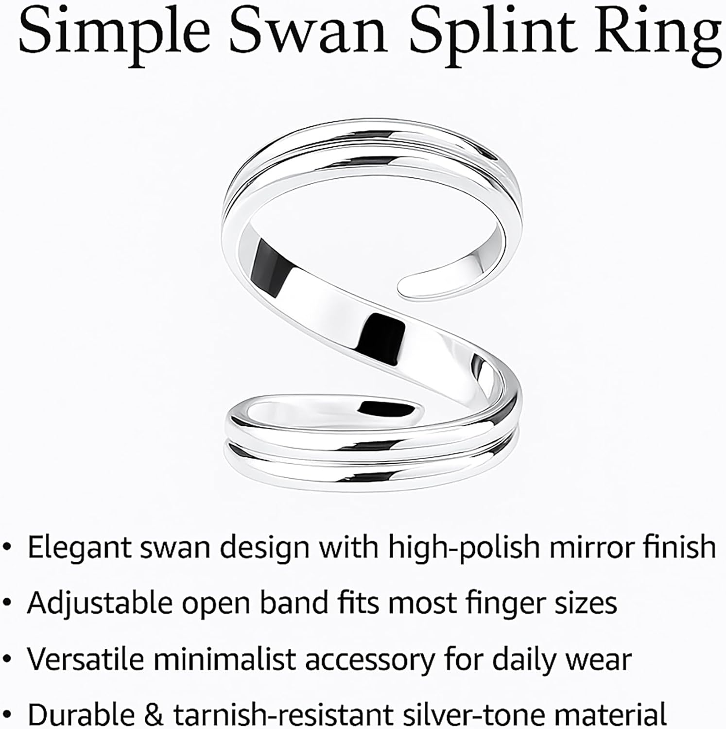Simple Swan Splint Ring For Women 925 Sterling Silver Statement Adjustable Open Ring Statement Solid Silver Band with Graceful Overlap Design Gift For Her Birthday Everyday Ring