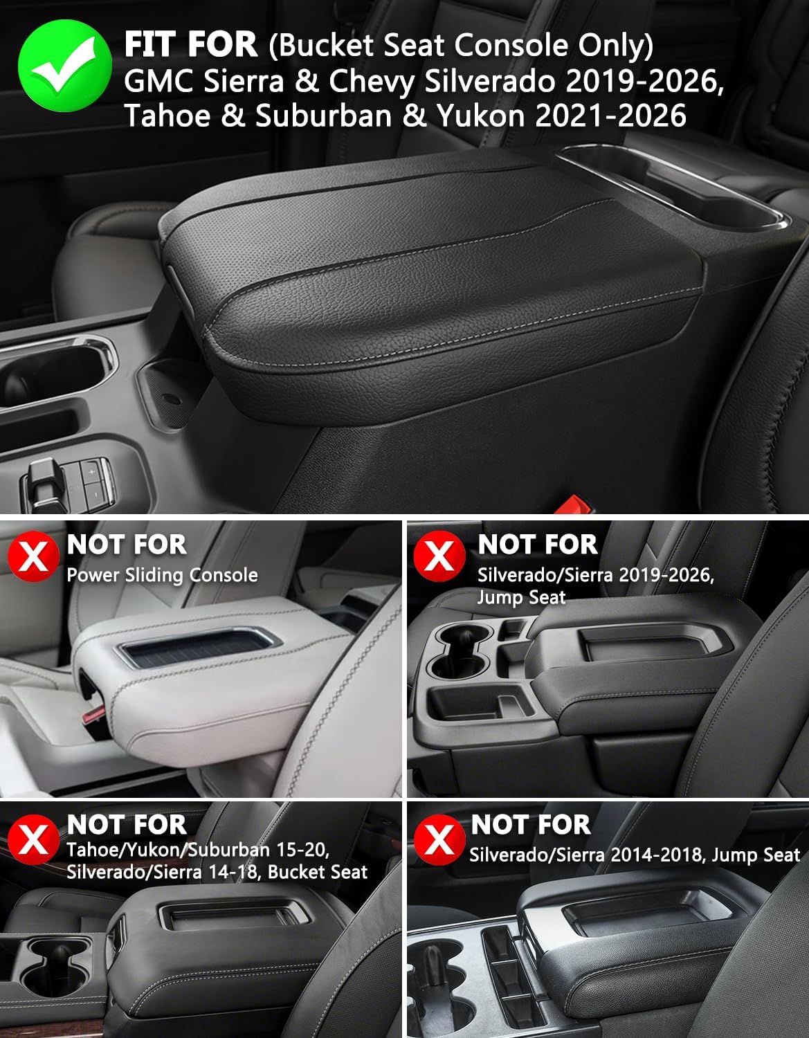 KBH Center Console Armrest Cover for GMC Sierra & Chevy Silverado 2019-2025, Tahoe & Suburban & Yukon 2021-2025, Bucket Seat Console Accessories, Black-Red Stitches