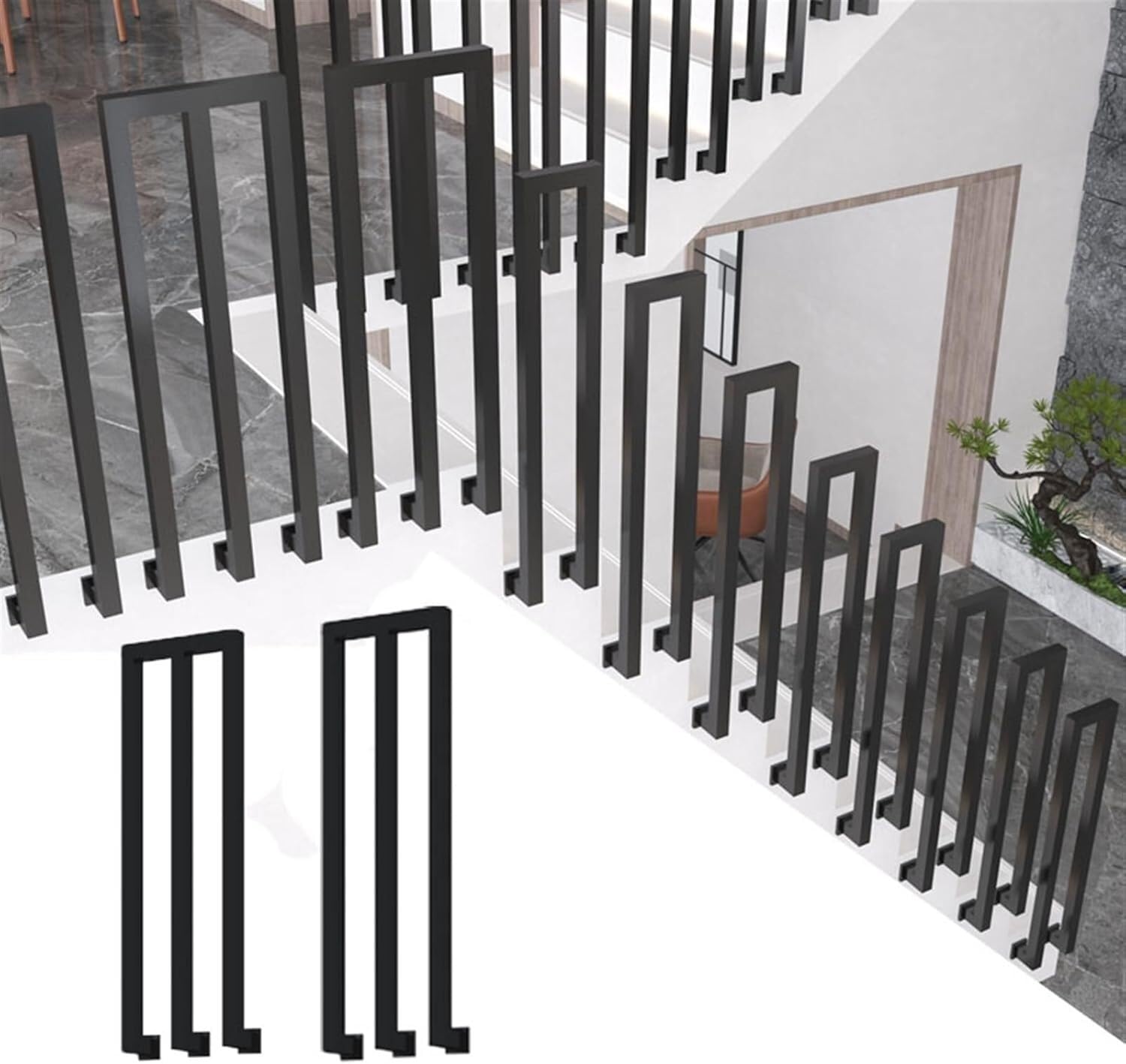 WaiDXn Black Square Wrought Iron Railings, Suitable For Garden Houses, Terraces, Balconies, Indoor/outdoor Stair Handrails(M-shaped 2 Piece,85cm)