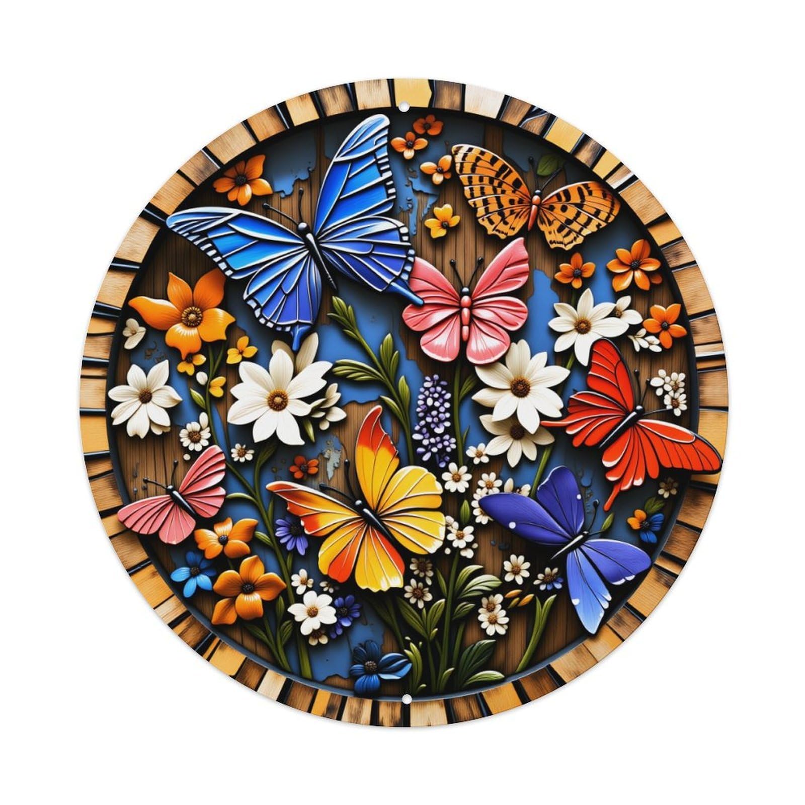 Butterfly Floral Wooden Style Art Round Tin Sign Vintage Metal Poster Retro Bar, Home, Man Cave, Kitchen, Laundry Room Wall Art Decor Gift 8x8Inch