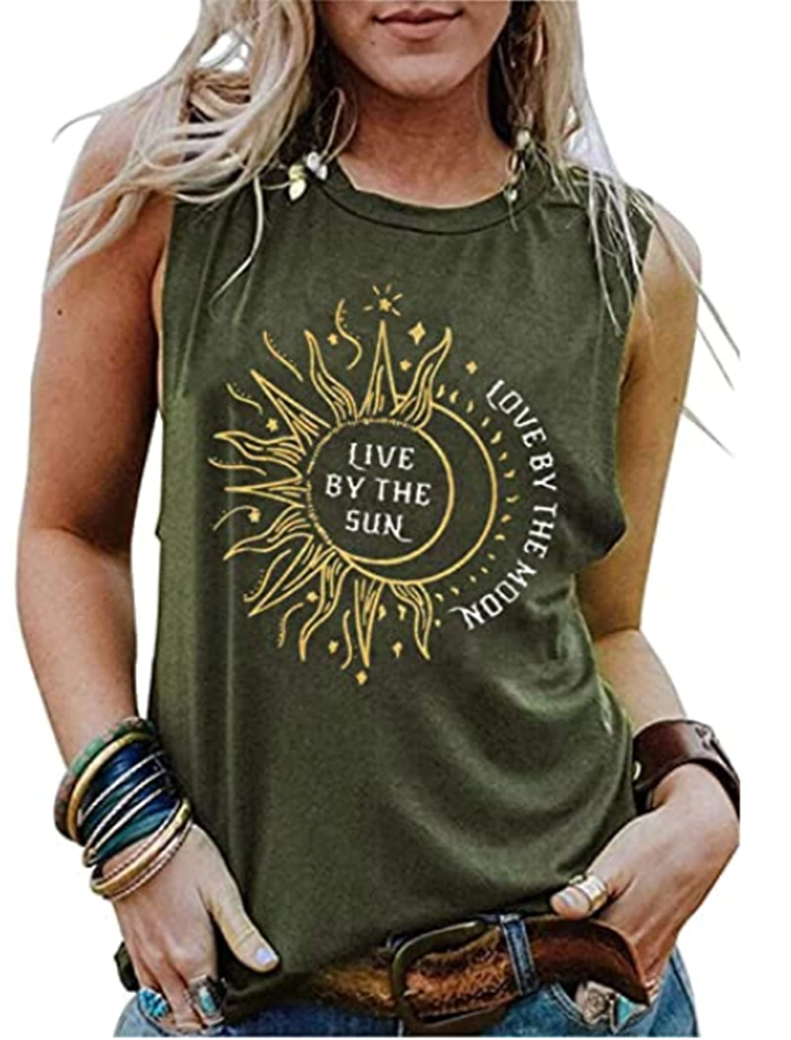 ALISAWomens Sunflower Live by The Sun Love by The Moon Tank Tops Funny Sleeveless Letter Printed Graphic Tees Tank Tops