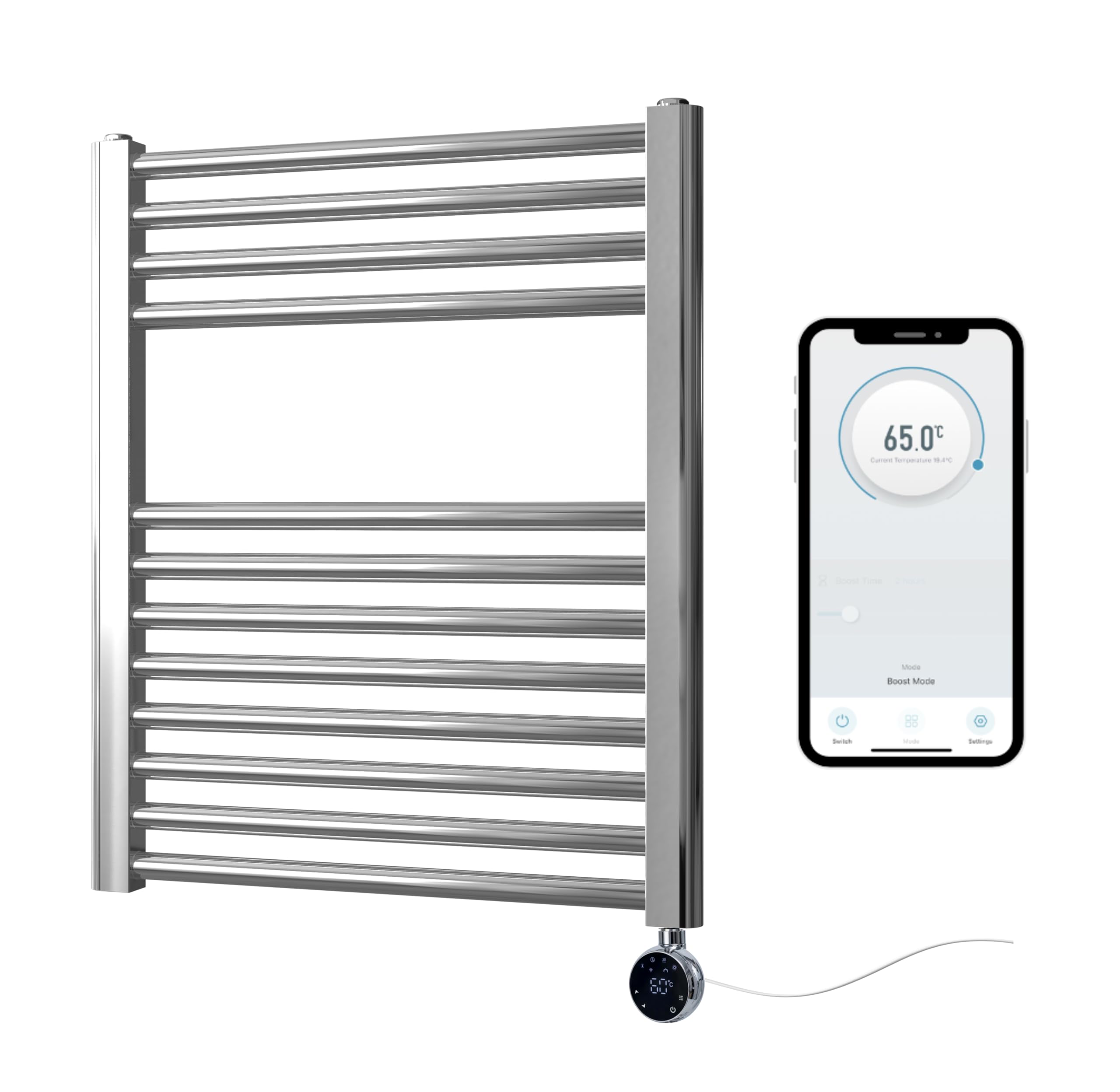 Greened House Chrome Electric WiFi Heated Towel Rail 400mm W x 600mm H