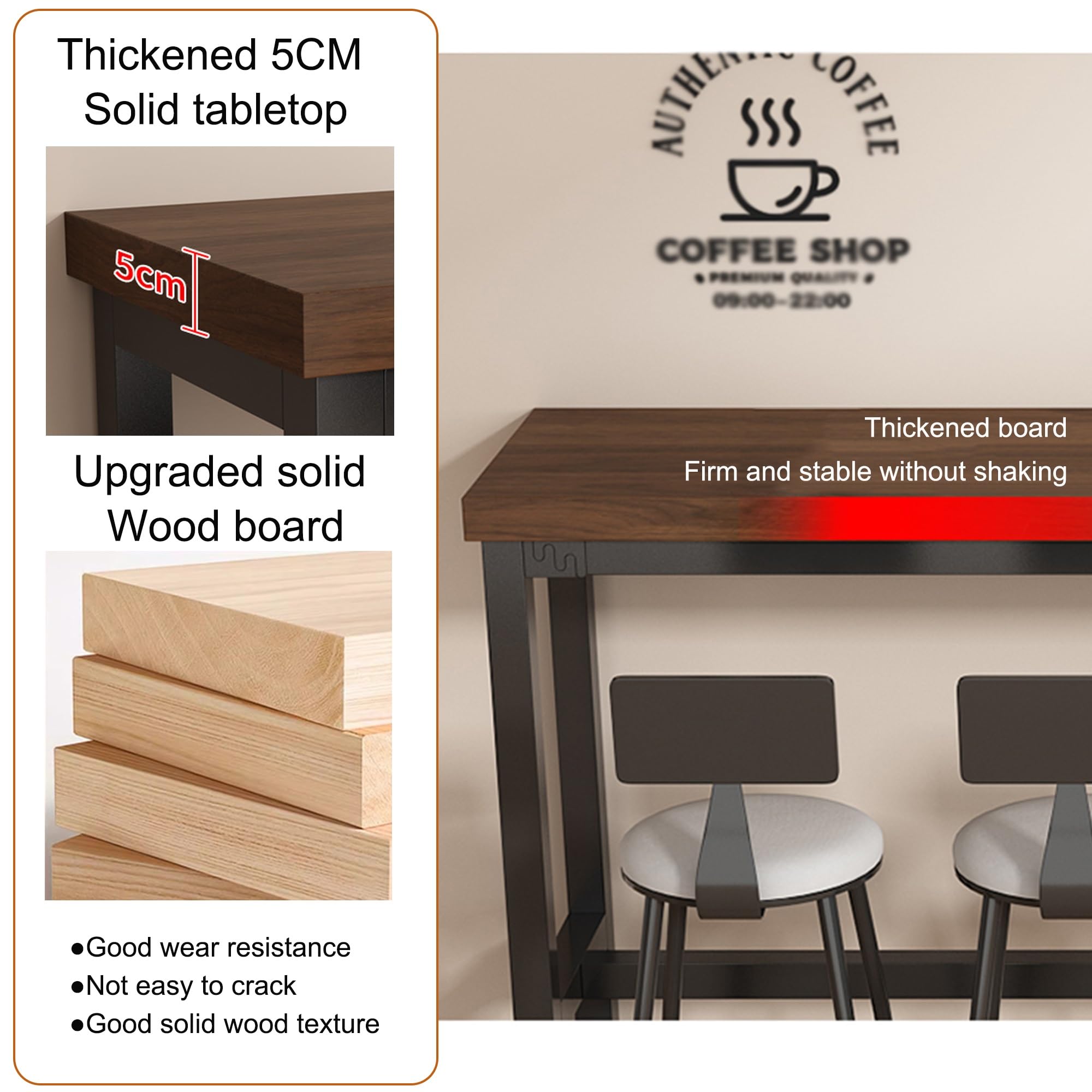 Tavolo da bar in legno massello stretto – 180,3 cm altezza bancone tavolo da pub con base in metallo per cucina, caffetteria, sala da pranzo – design moderno (sedie non incluse)