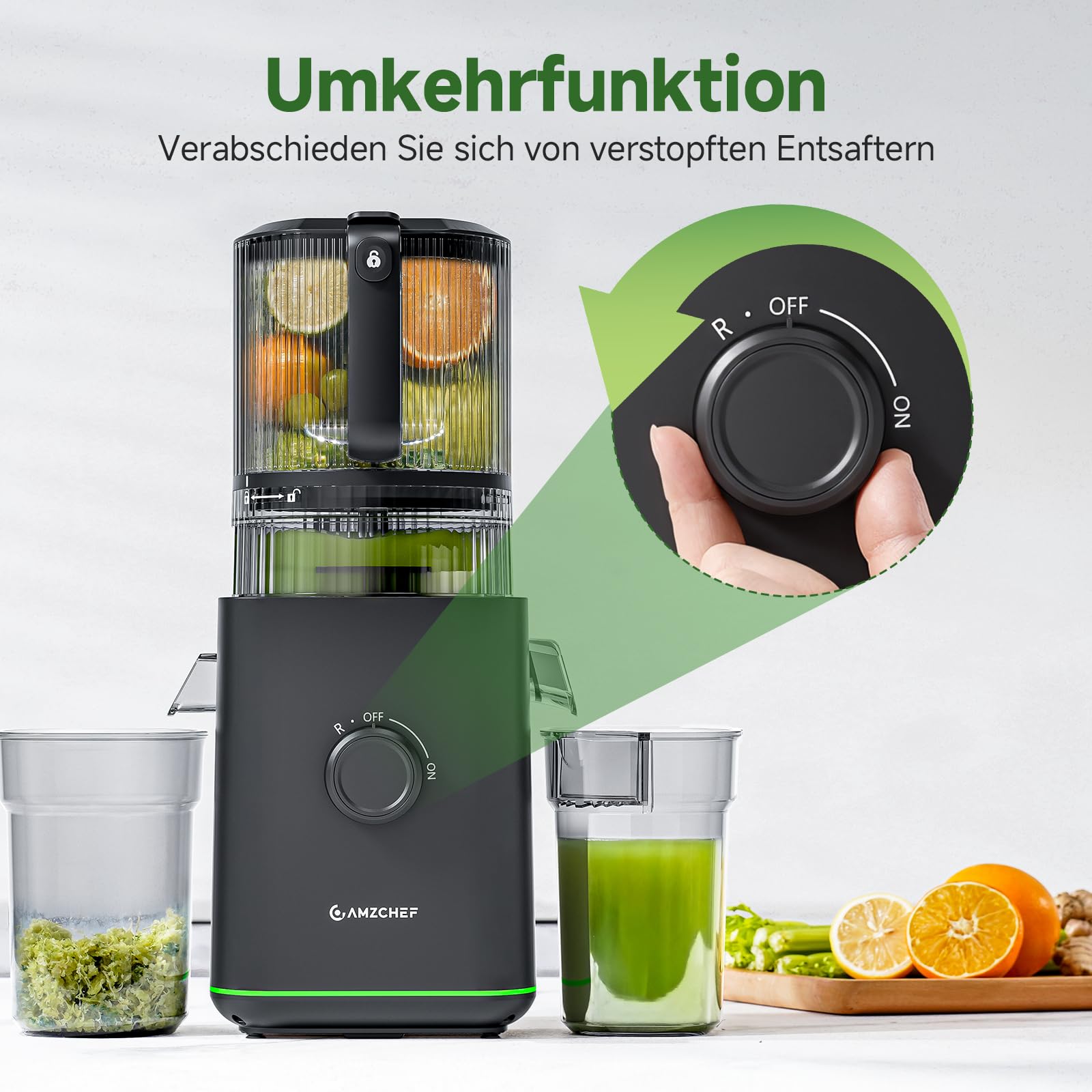 AMZCHEF Entsafter Slow Juicer für ganze Früchte & Gemüse, Kaltpress Saftpresse mit 155 mm XXL-Einfüllöffnung, 2,5 L Behälter, 3-in-1 Sieb (für Saft, Sorbet & Nussmilch), leicht zu reinigen, Schwarz