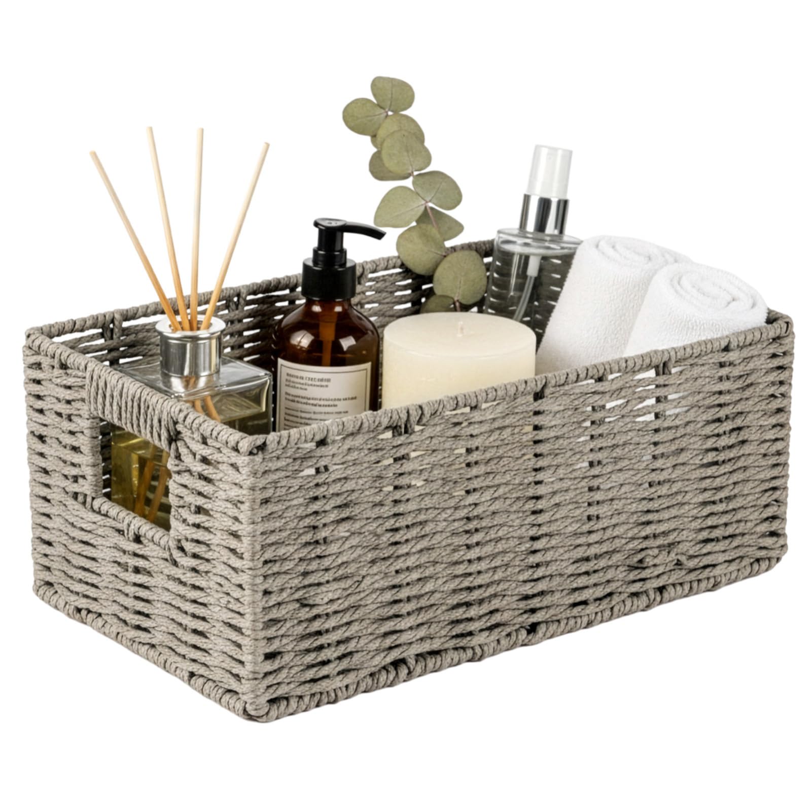 Minifactory Natural Paper Rope Storage Basket Collapsible Foldable Woven Organizer Bins with Handles for Shelves Pantry Bathroom Living Room & Home Decor Rustic Home Decor (Grey, 32x20x13cm)