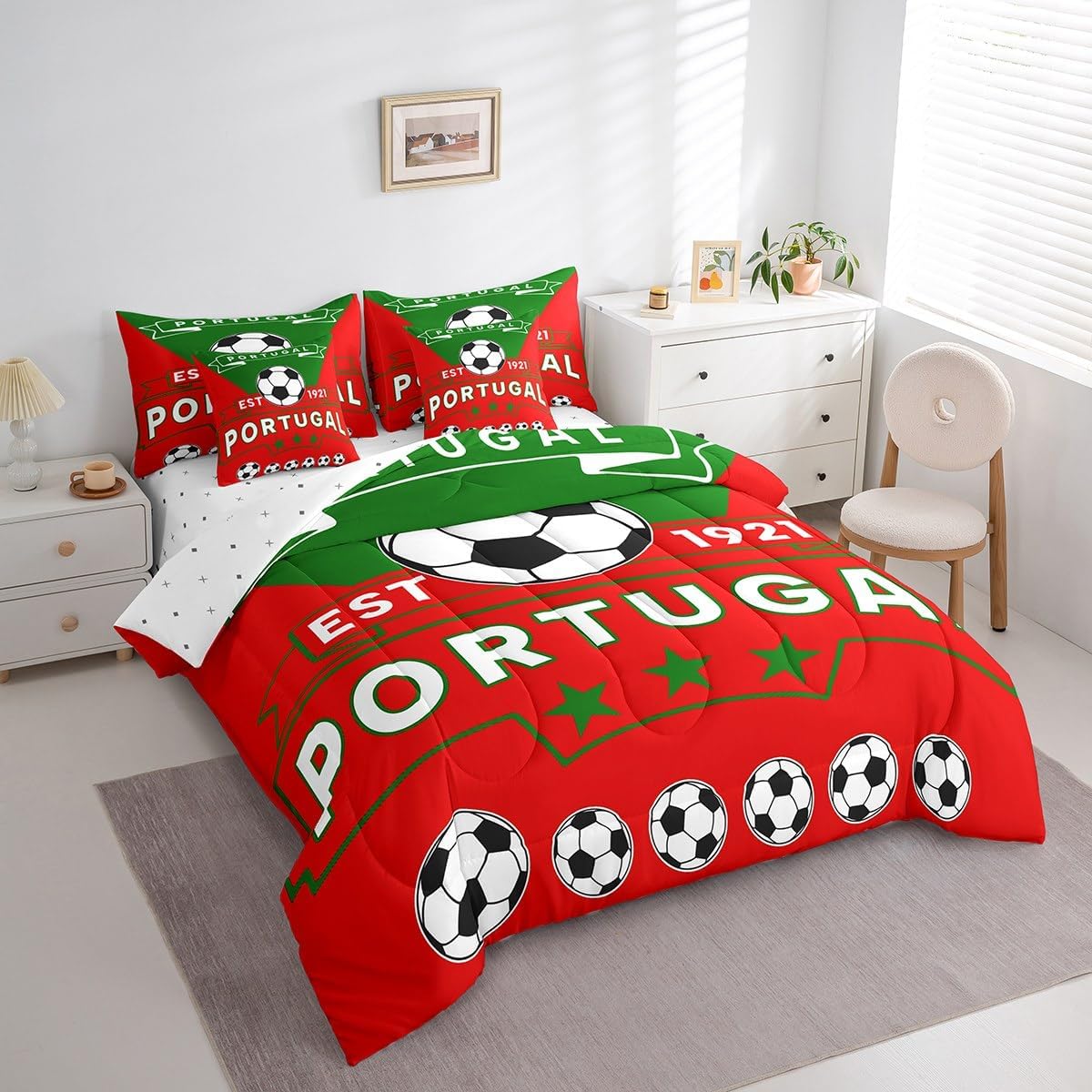 Feelyou Football Sport 7 Piece Bedding Set Twin Size Soccer Theme for Kids Boys Comforter Set with Sheets Portugal Football Teens Bed in a Bag Red Green Bed Set