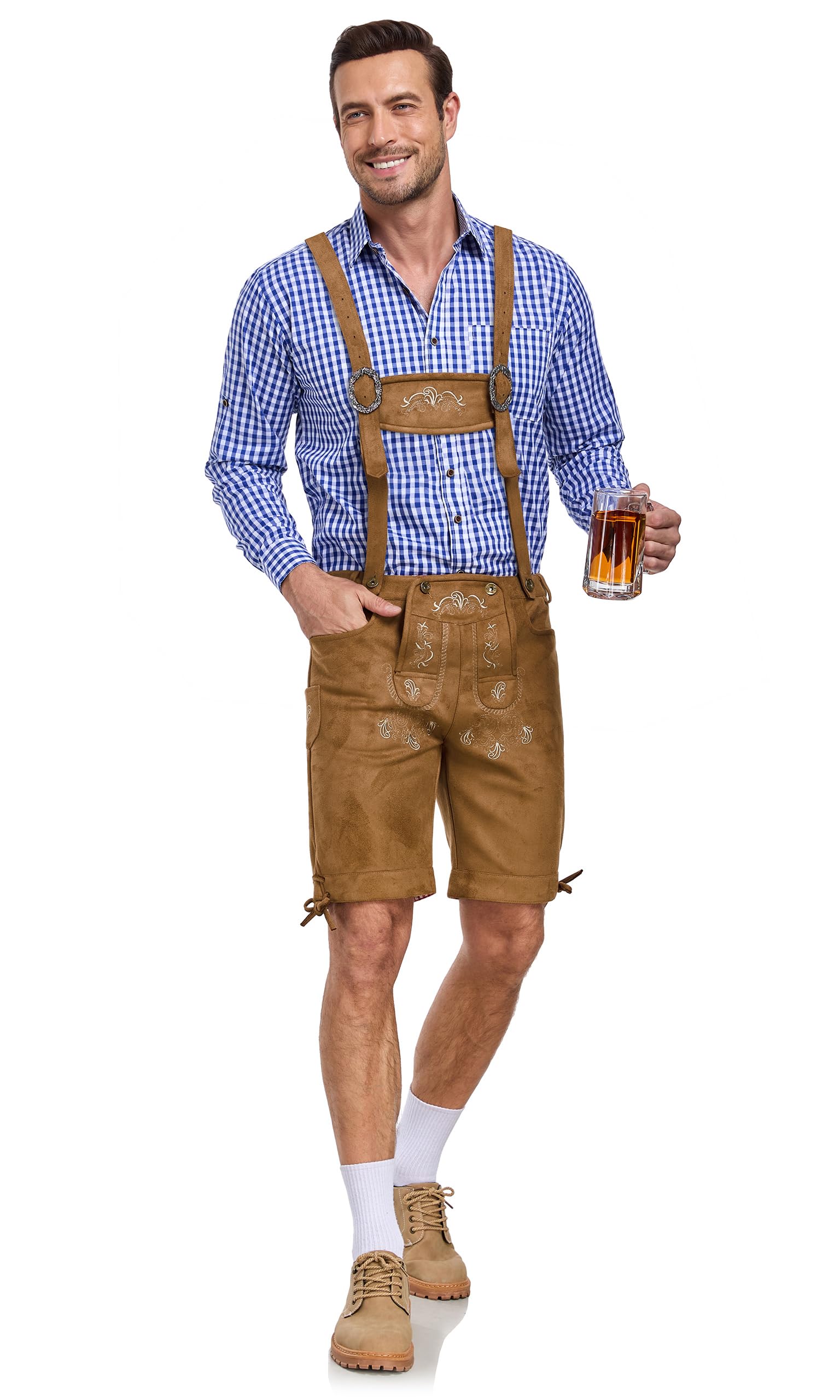 AMZHOTER Lederhosen Oktoberfest Uomo Lederhosen Vestito Tirolese Costume Pantaloni Oktoberfest Bavarese Costume Uomo