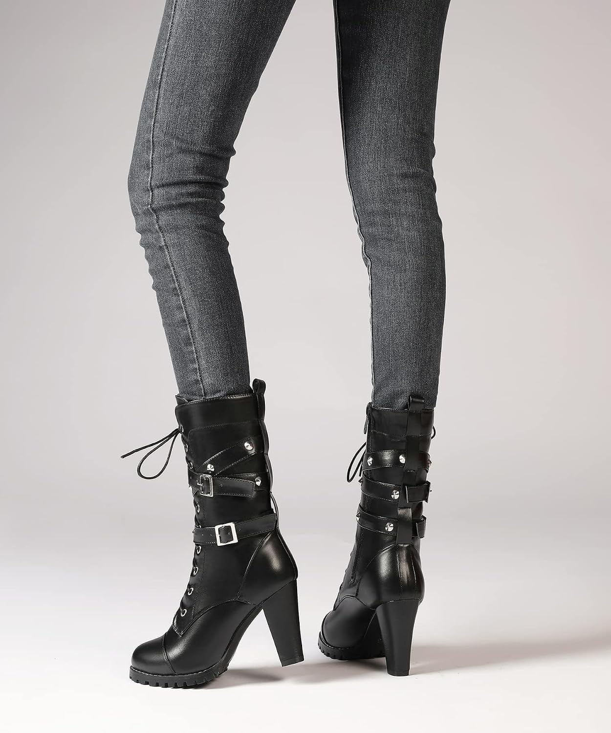 Susanny High Heel Boots for Women,Womens Platform Boot Heels Sexy Round Toe Lace UP High Heels Mid Calf Boots