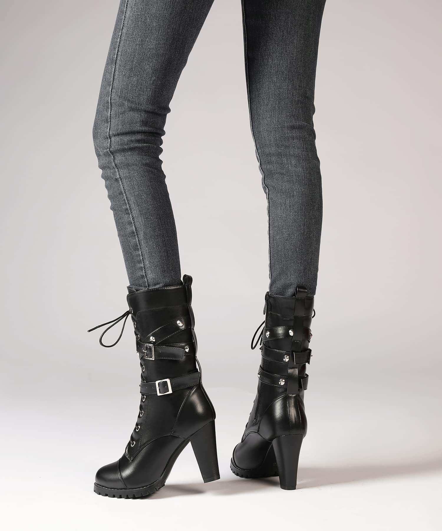 Susanny High Heel Boots for Women,Womens Platform Boot Heels Sexy Round Toe Lace UP High Heels Mid Calf Boots: 11 Black-m