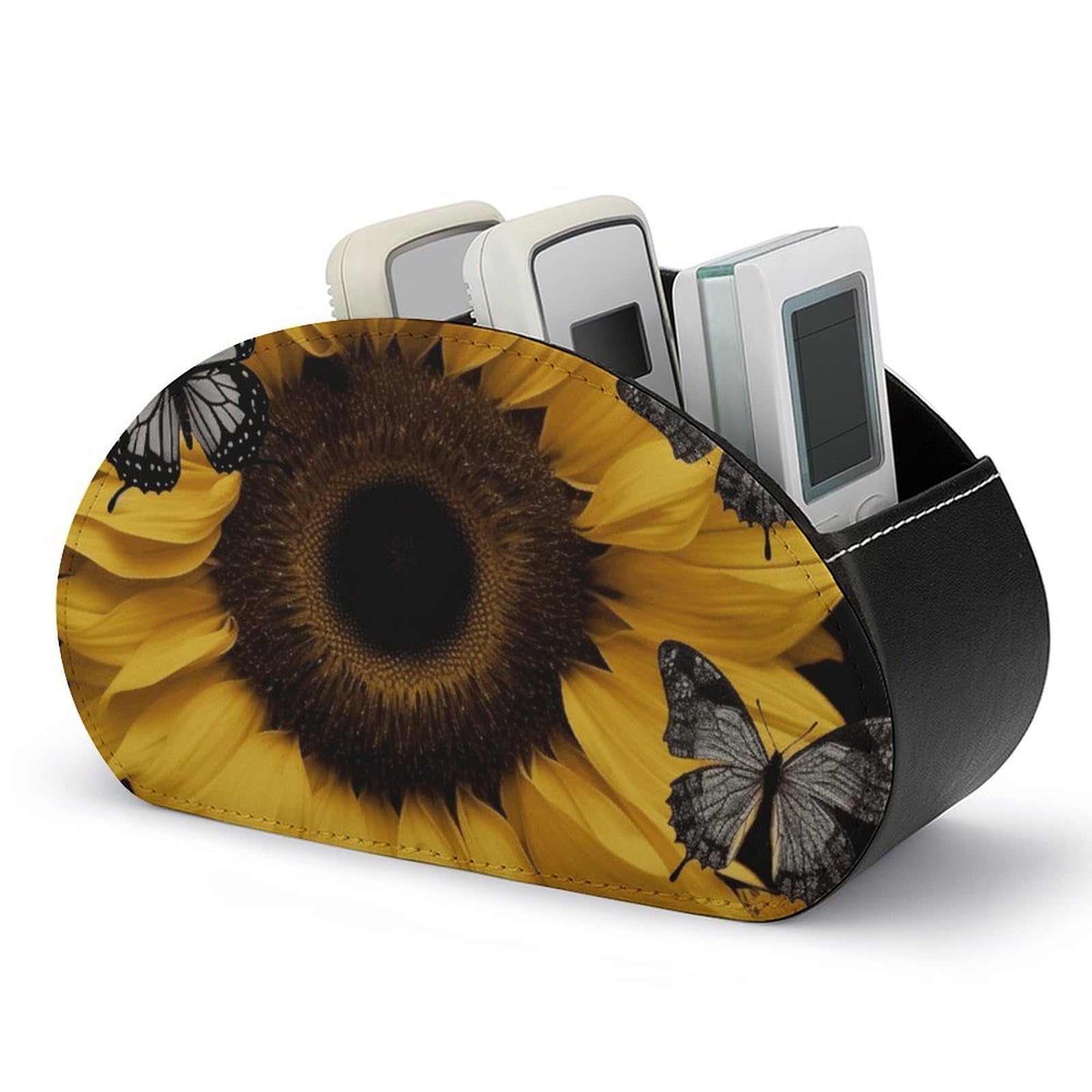 Butterfly And Sunflower Remote Control Holder with 5 Compartment Organizer Box, Leather TV Remote Holder Organizer Caddy for Table, PU Leather Remote Box for Nightstand Office Desk Storage Box