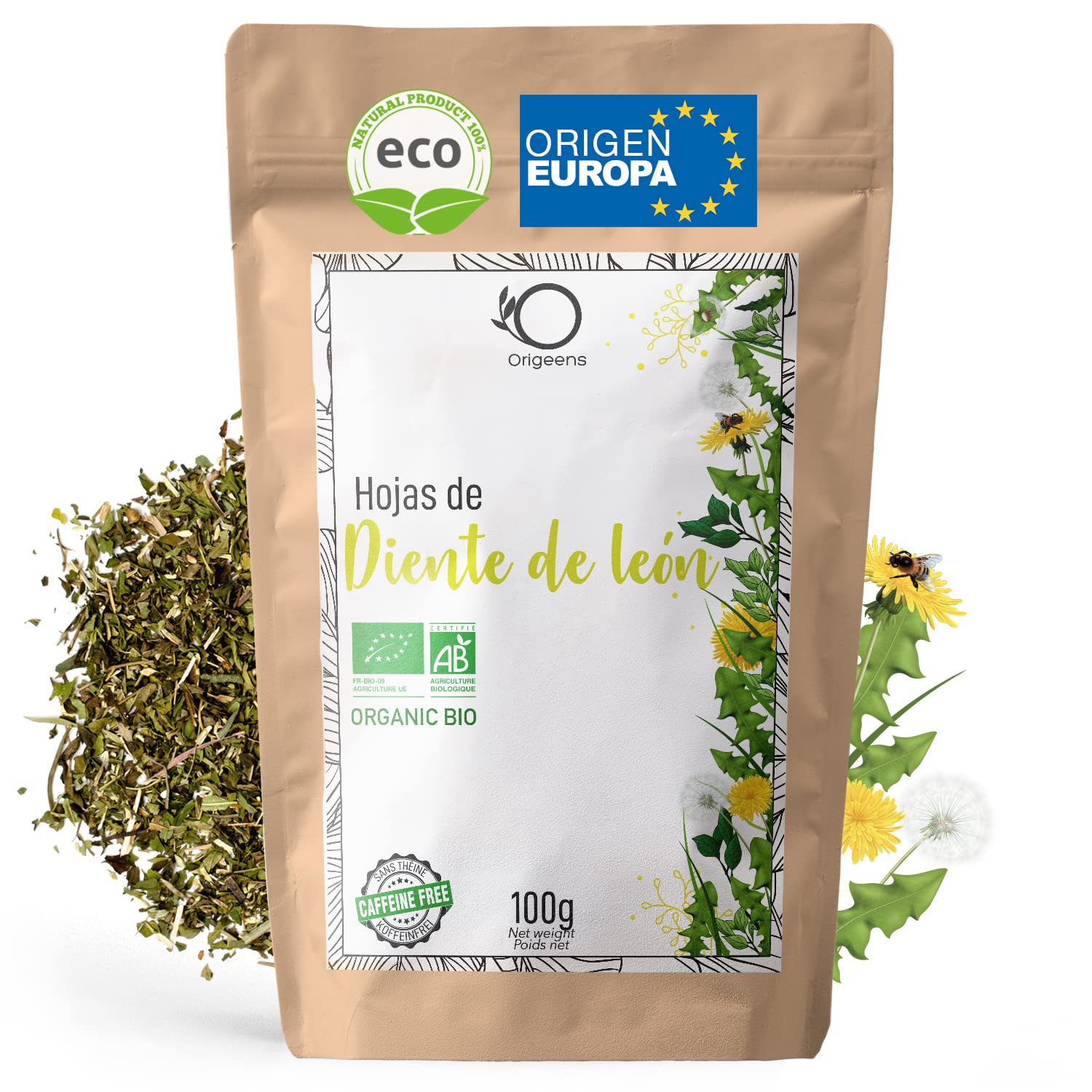 ORIGEENS Bio Diente de Leon Infusion 100g - Hojas de diente de leon secas - ​​Infusion drenante y diurética - Dandelion tea