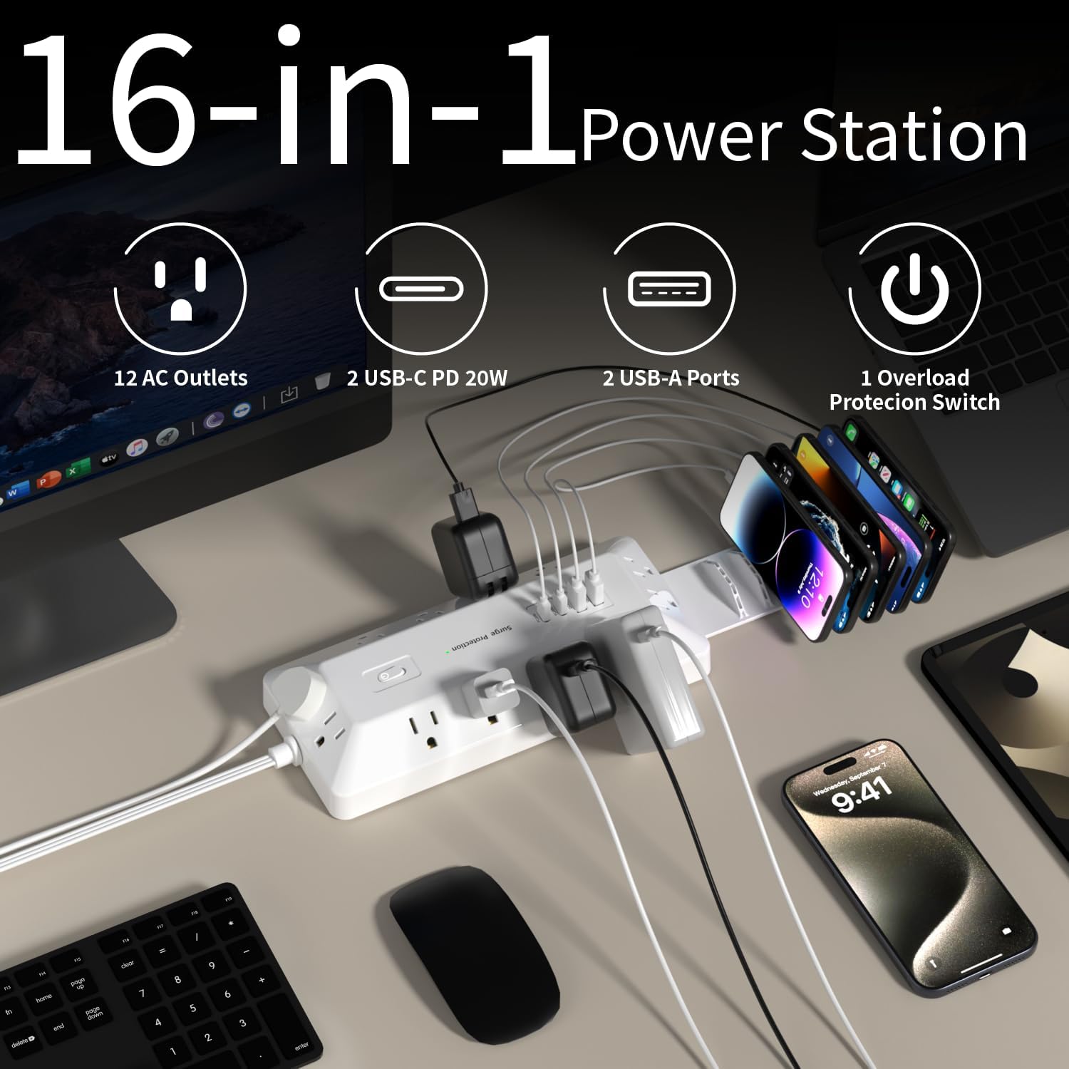 Surge Protector Power Strip with USB Ports, 12 Outlets 2 USB-C 2 USB-A, 6 Ft Flat Plug Extension Cord, Multi Plug Outlet with Phone Holder for Desk, Office, Home, Dorm, UL Certification (White)