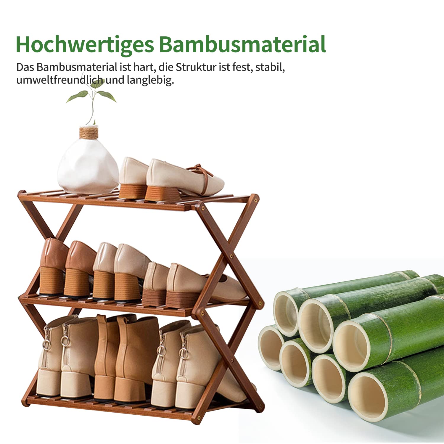 aleawol Zapatero plegable de bambú con 3 niveles, zapatero pequeño portátil de bambú, sin instalación, organizador de zapatos para salón, pasillo y vestidor (50 x 25 x 39 cm)