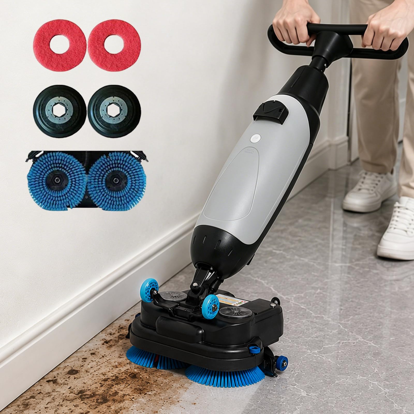 LURECAQING Compact Walk Behind Commercial Floor Scrubber Dryer, Dual Brushes with Dual Pads & Drivers, Cordless, Rechargeable Lithium Battery, 360°Steering Head,17" Scrub Path,for Workshops grey