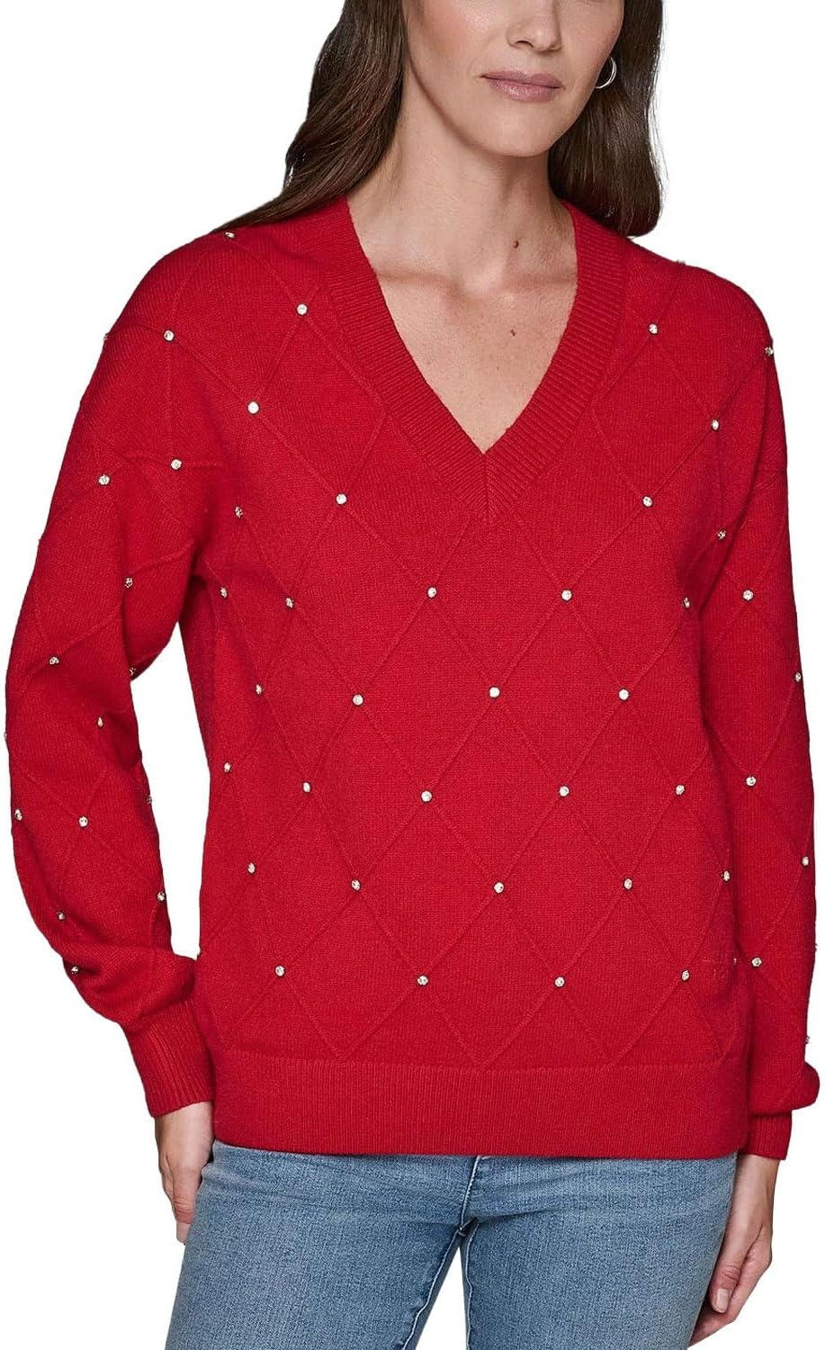 KARL LAGERFELD Women's Long Sleeve V-neck Crystal Detail Sweater