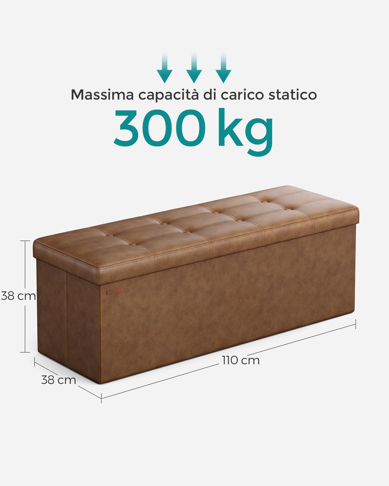 SONGMICS Cassapanca, Pouf Contenitore, Poggiapiedi Pieghevole da 38 x 110 x 38 cm, Ottomano, Regge Fino a 300 kg, per Soggiorno, Camera da Letto, Entrata, Marrone caffè LSF070K01V1