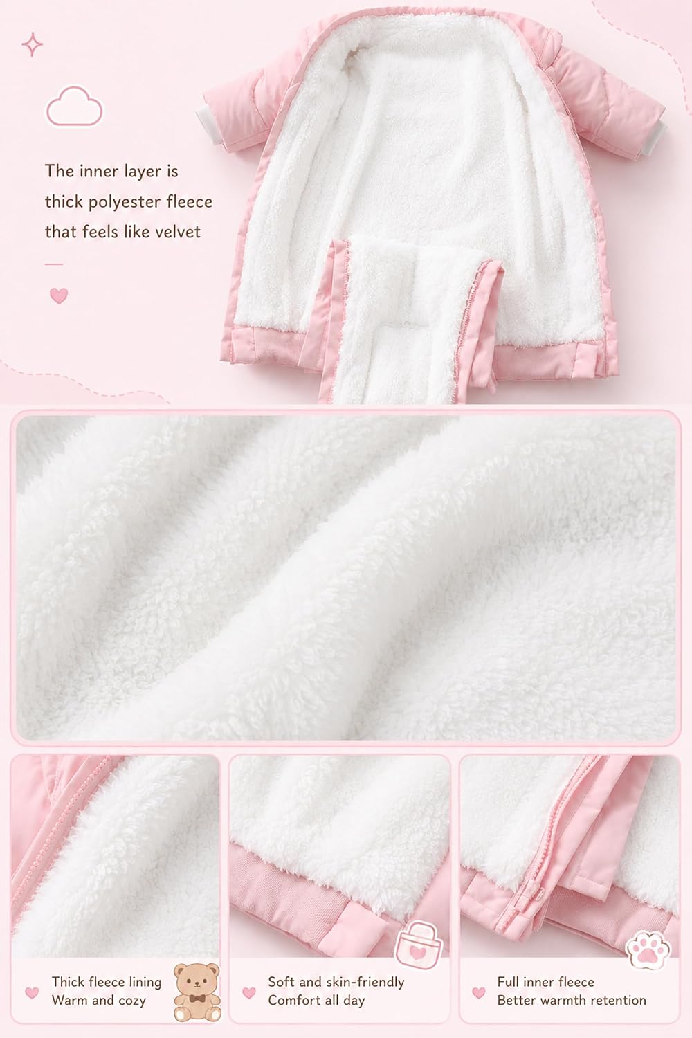 Baby Snowsuit One-Piece Thickened Winter Jumpsuit for Toddler With Gloves & Booties Zip-Up Hooded Warm Down Coat