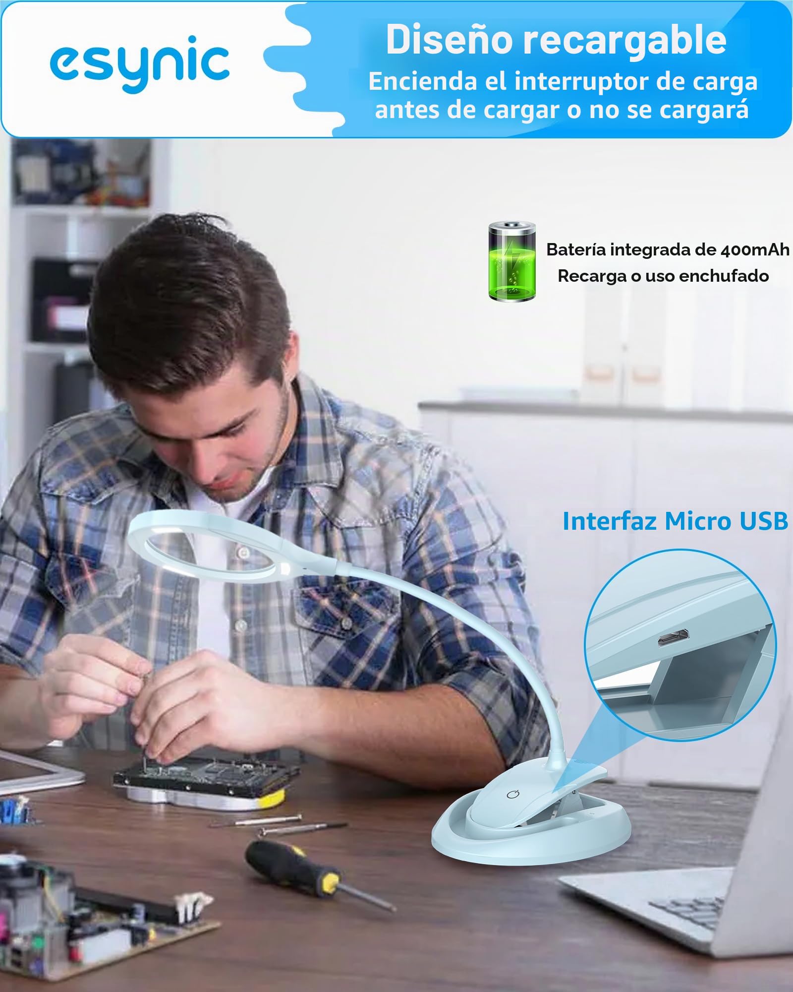 eSynic Lámpara de Aumento de 5X 10X LED Recargable Lupa Lámpara con Abrazada de Metal Lente de Lupa de Vidrio Óptico Iluminado y 3 Configuraciones de Luz Ajustable para Leer, Hobbies, Manualidades