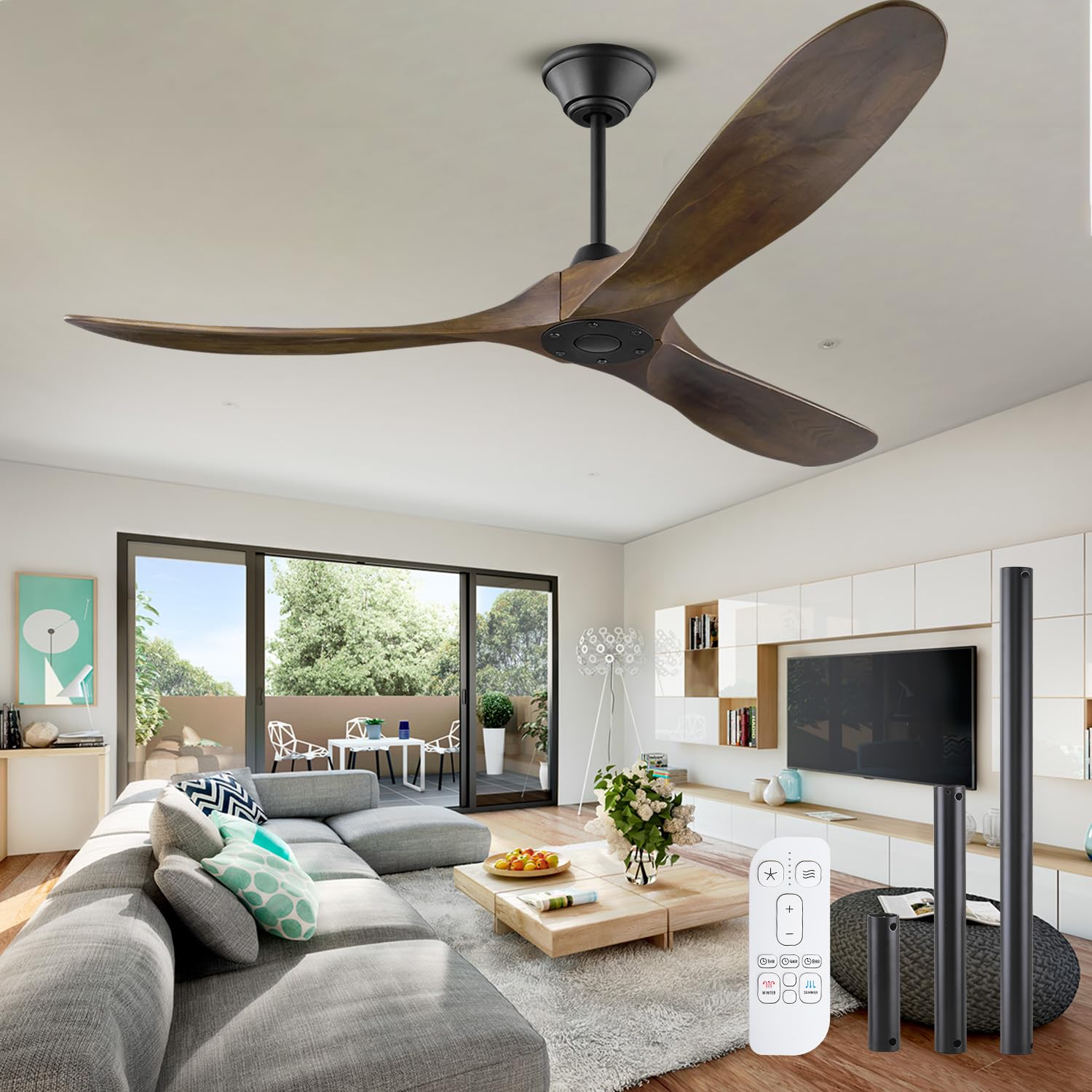 Ventilador de techo de madera sin luz/Función verano-invierno/Temporizador 1/4/8h / 6 velocidades/Ventilador de techo de bajo consumo para interiores y exteriores, Ø152 cm (60 pulgadas)