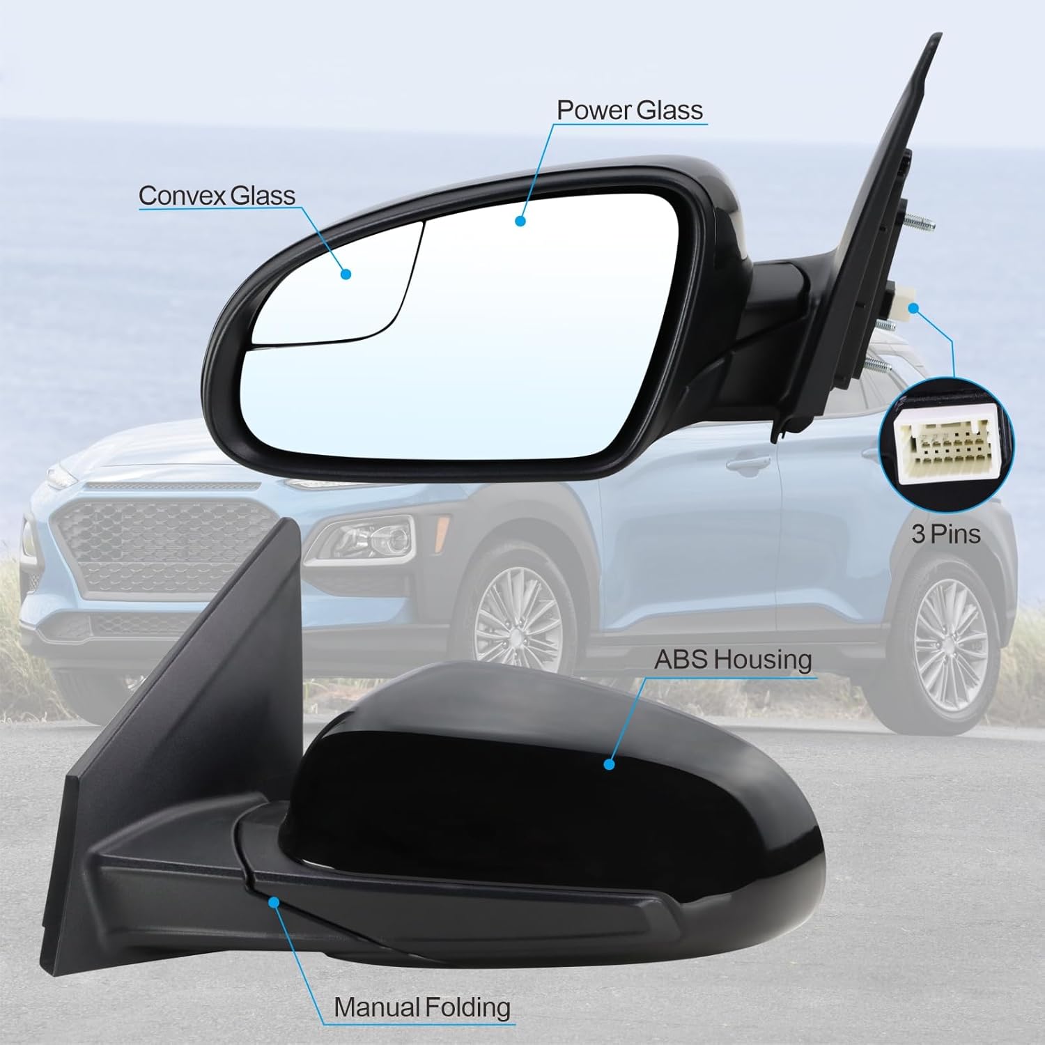 Left Driver Side Mirror Compatible With 2018 2019 2020 2021 2022 2023 Hyundai Kona With Power Glass Manual Folding Black Replace#87610J9100(3Pins)