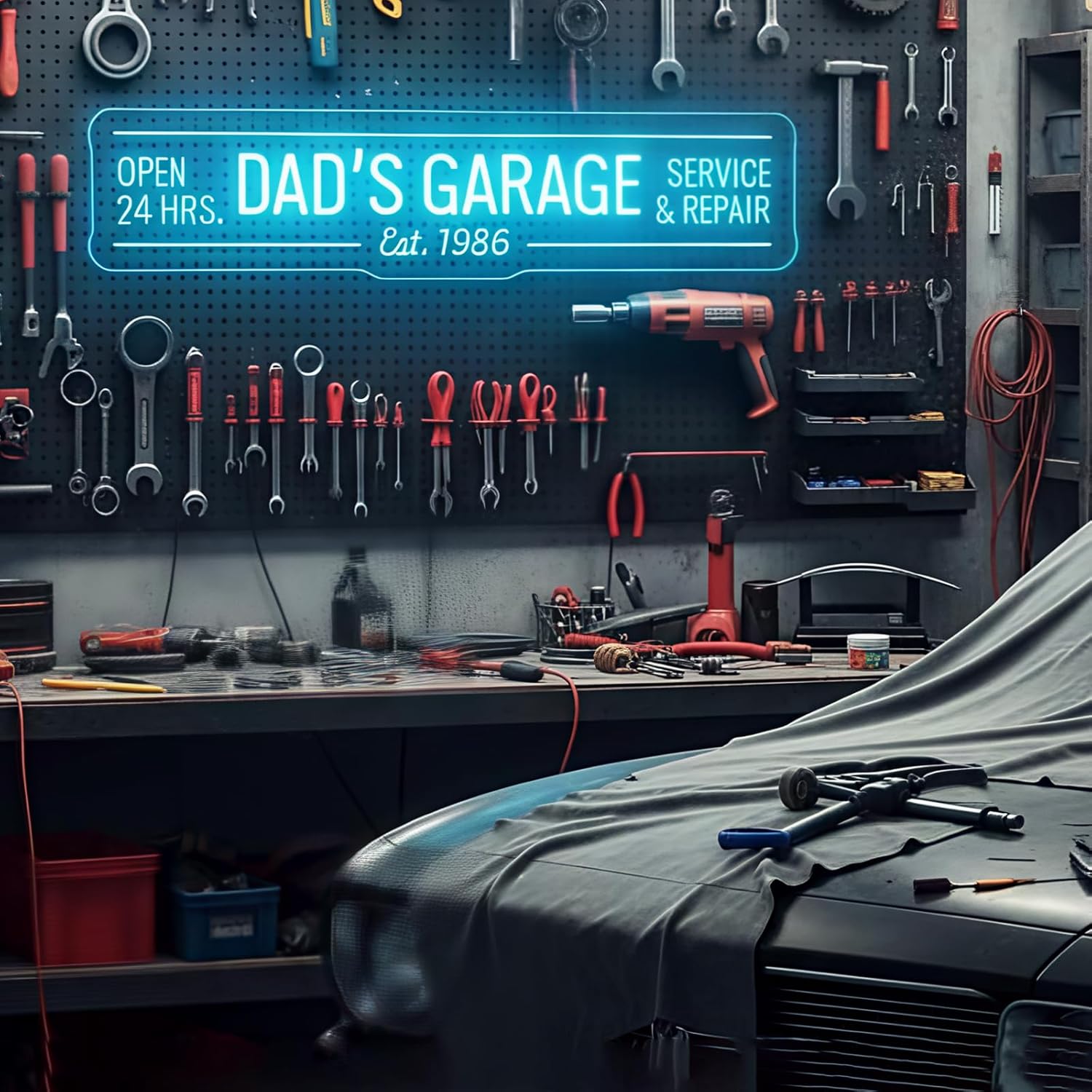 Custom Dad’s Garage LED Sign, Personalized Wall Decor for Man Cave Auto Repair Shop, Workshop Tool Room Light, Gift for Dad Father Men