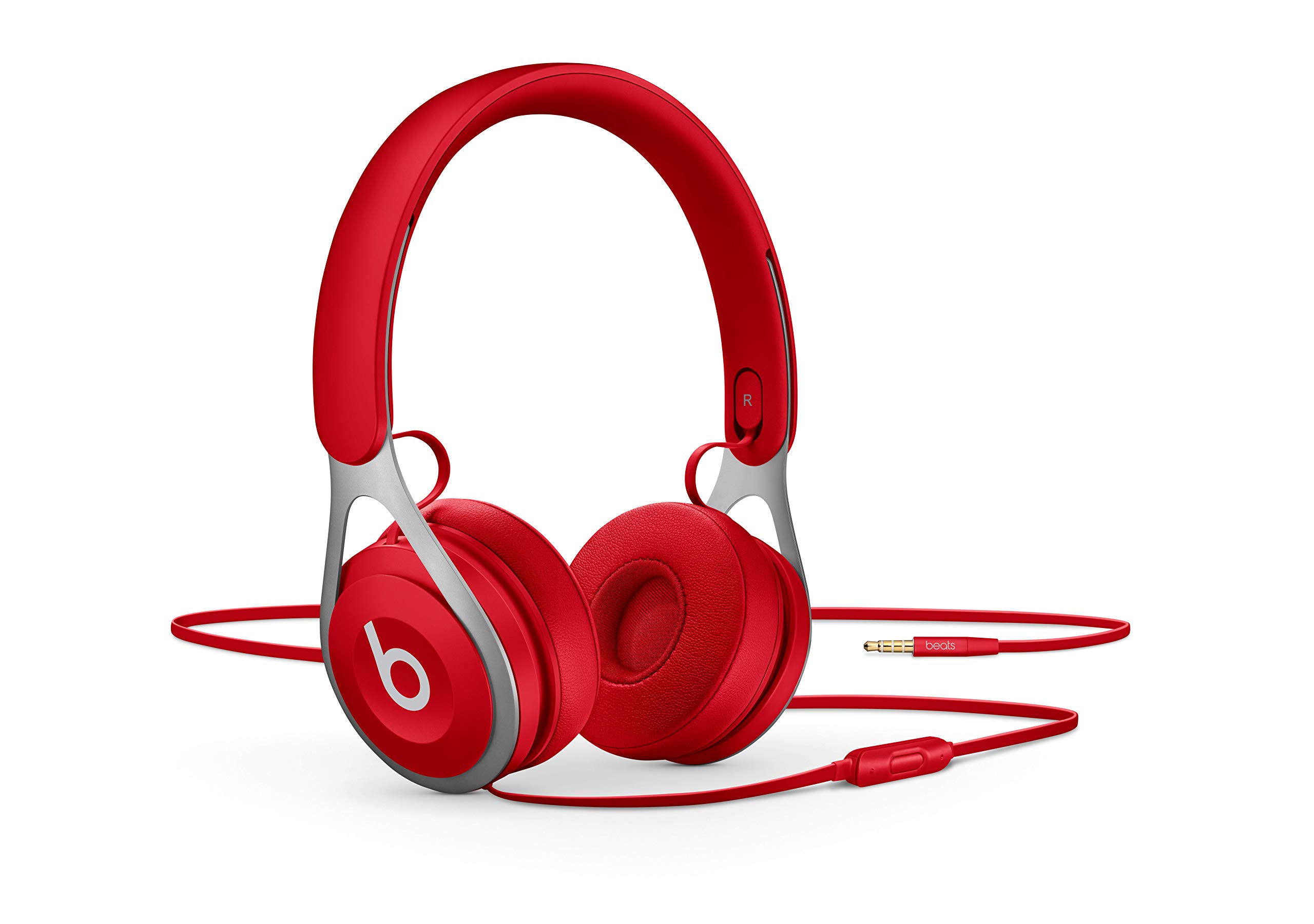 red wired on-ear headphones with built-in mic and controls