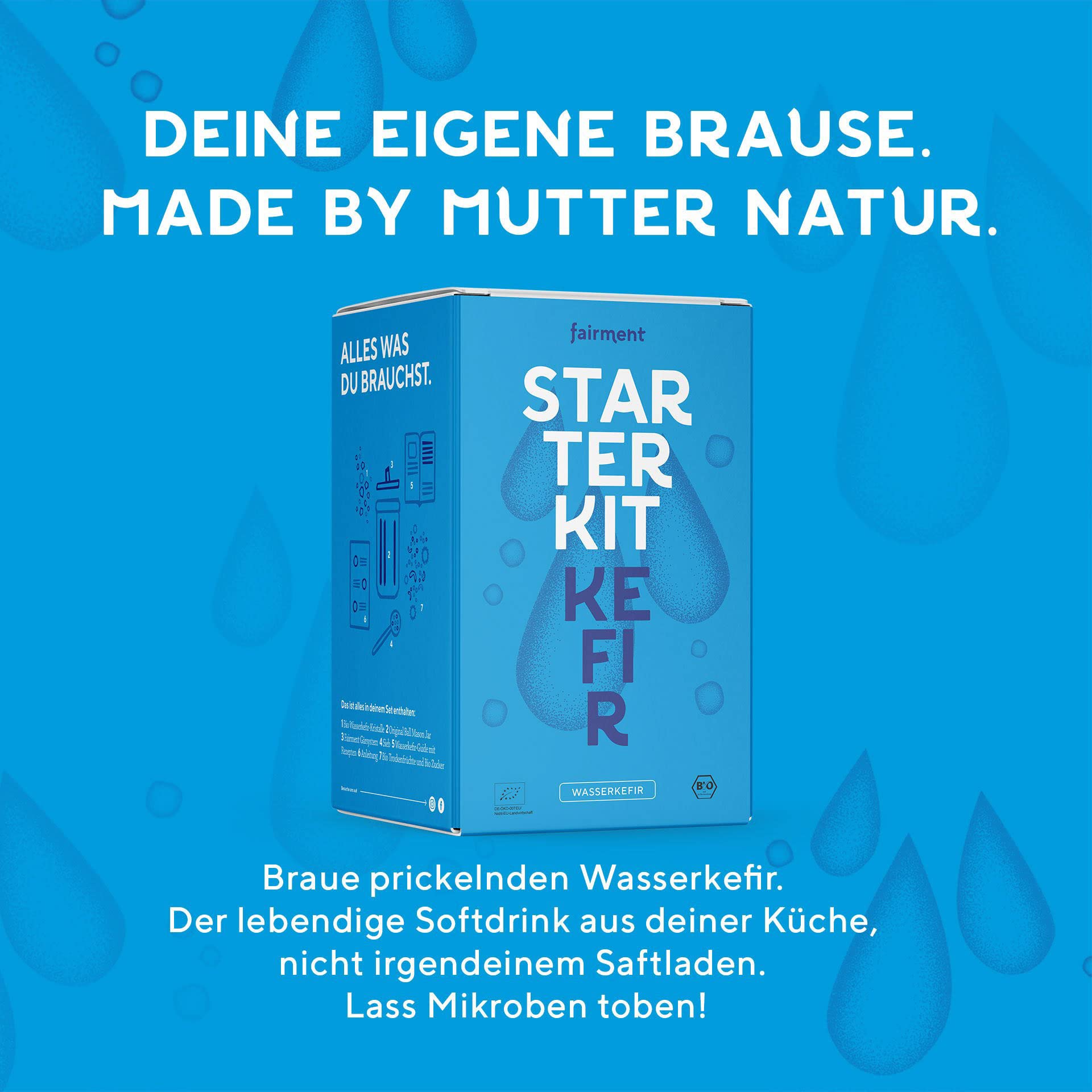 Fairment Starterkit Wasserkefir - Bio Kefirkristalle, Glas, Zutaten, Zubehör und Rezepte