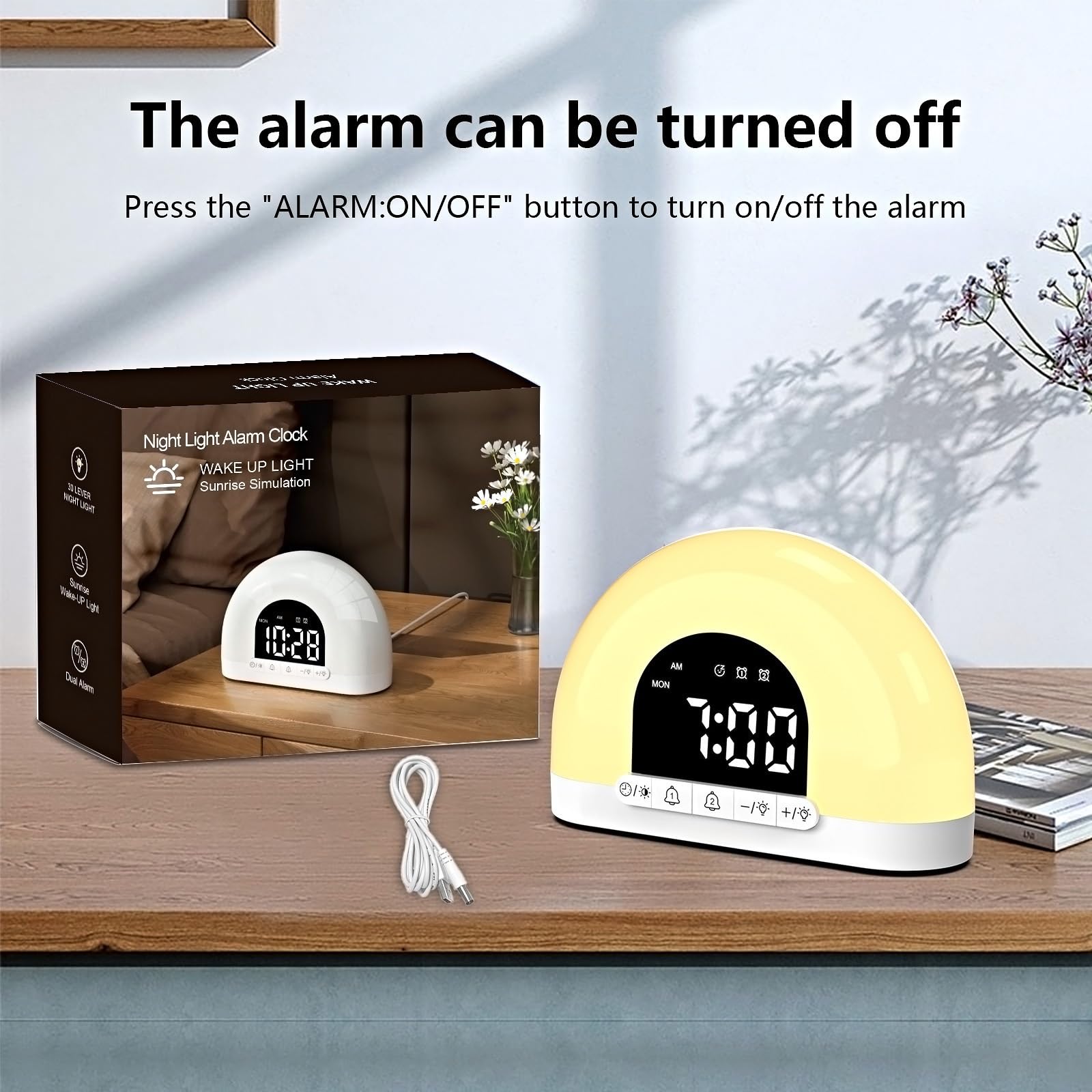 Réveil Lumineux Wake Up Light Sunrise, Double Alarme, Simulation Douce Du Lever Du Soleil, Affichage à 4 Niveaux, Batterie De Secours, Design Compact pour La Chambre à Coucher