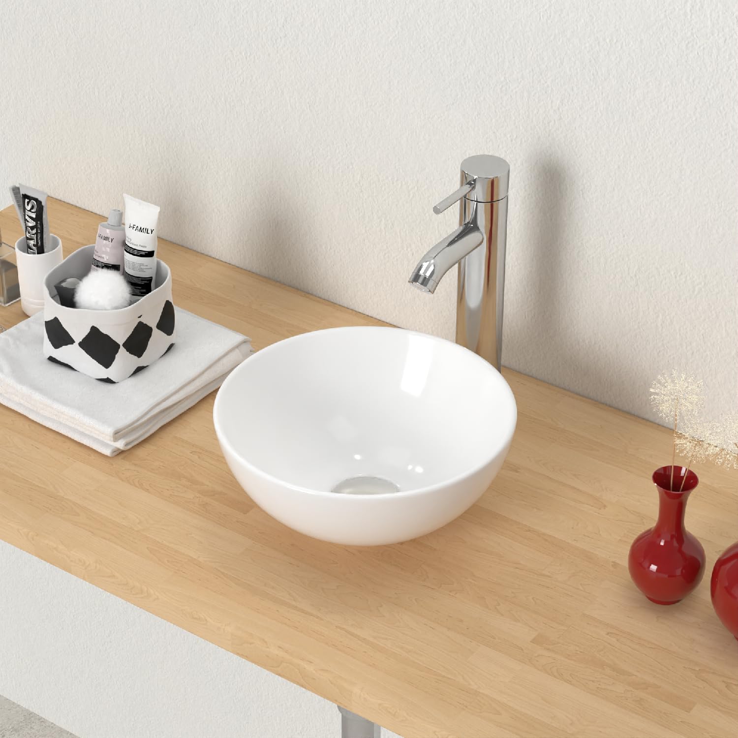 J-FAMILY Fregadero pequeño de 11 pulgadas para baño, lavabo redondo de cerámica blanca, lavabo pequeño