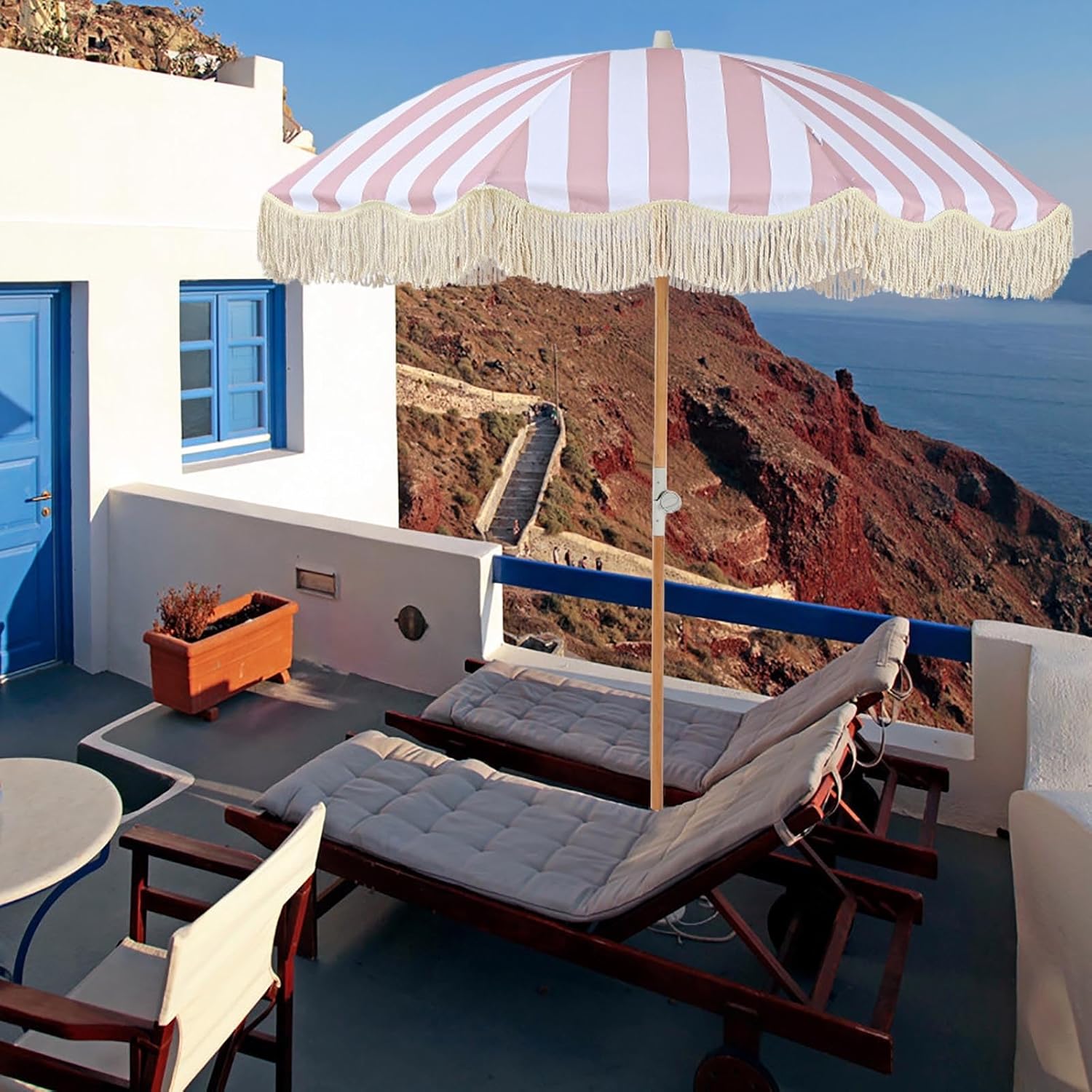 6ft Pink and White Stripes Boho Beach Umbrellas Waterproof Outdoor Tassel Umbrella Shade Patio Umbrella Solid Wood Shaft Adjustable Tilt Easy to Carry for Garden Deck Backyard Pool Beach Lawn