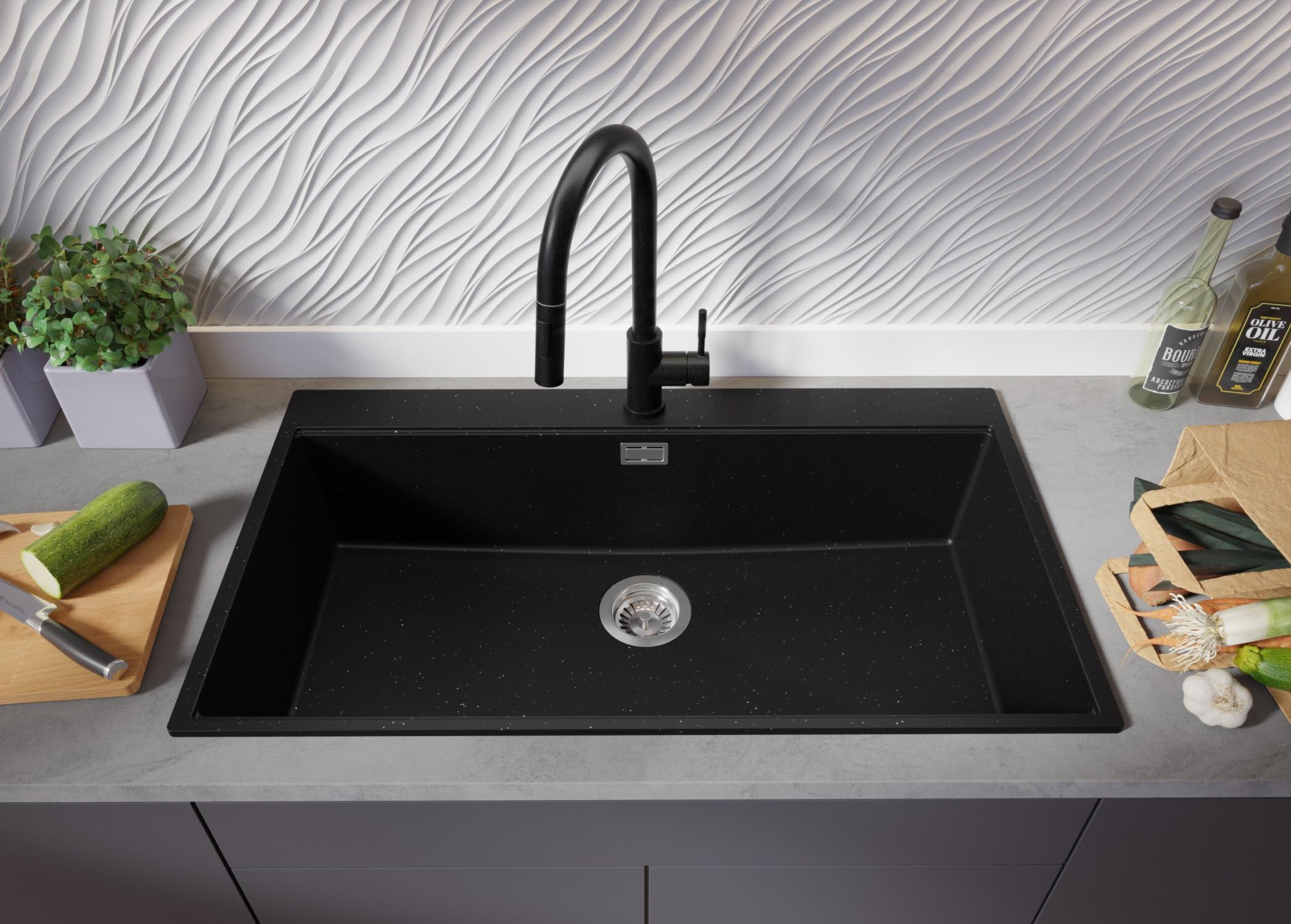 PRIMAGRAN Evier Cuisine en Granit au Meuble 90cm + Kit de Vidage, 88x50cm