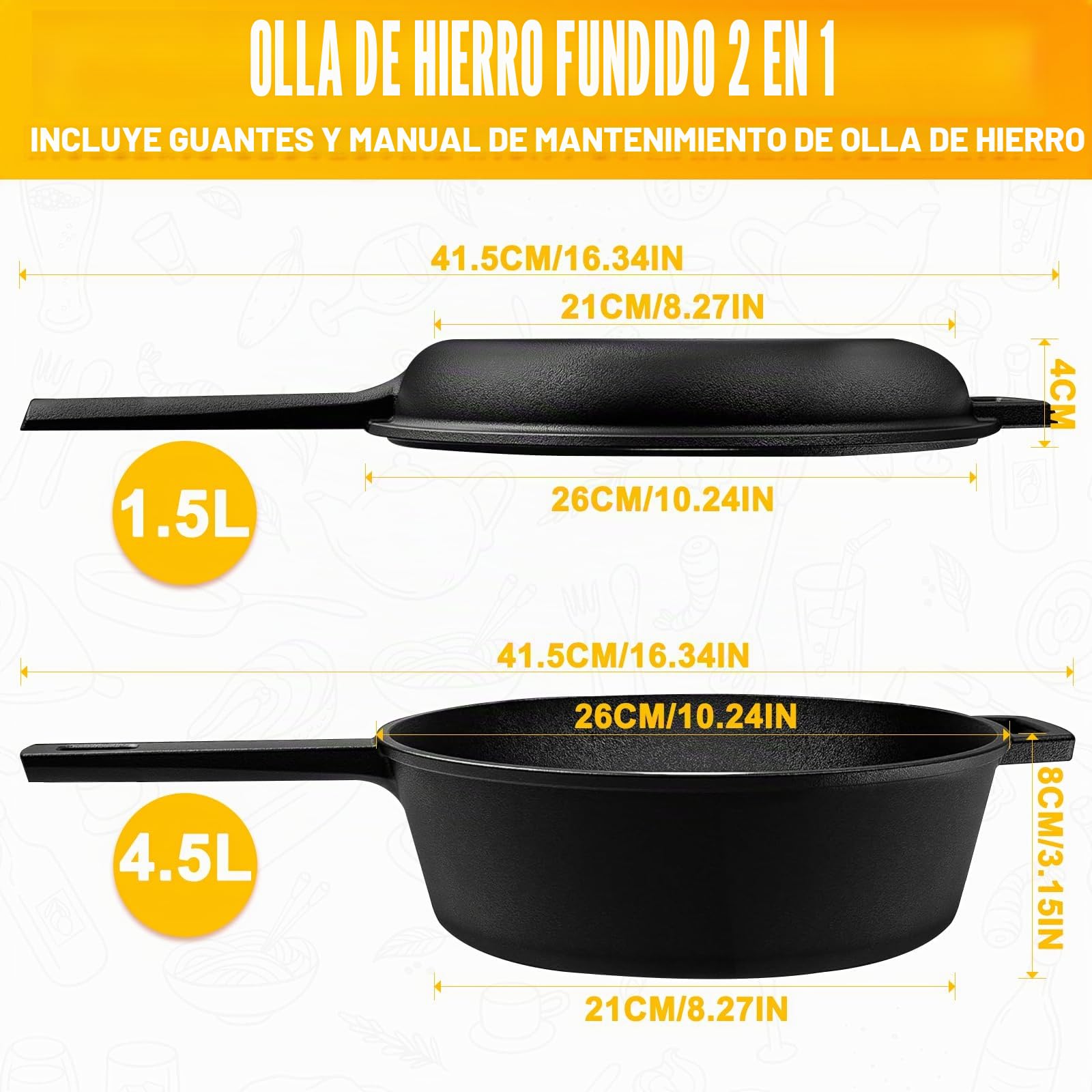 Juego de Sartén y Olla de Hierro Fundido 1,5L & 4,5L – Sartén y Cazuela para Cocina y Horno, Calor Uniforme, Compatible con Gas/Inducción, Ideal para Freír, Guisar y Asar