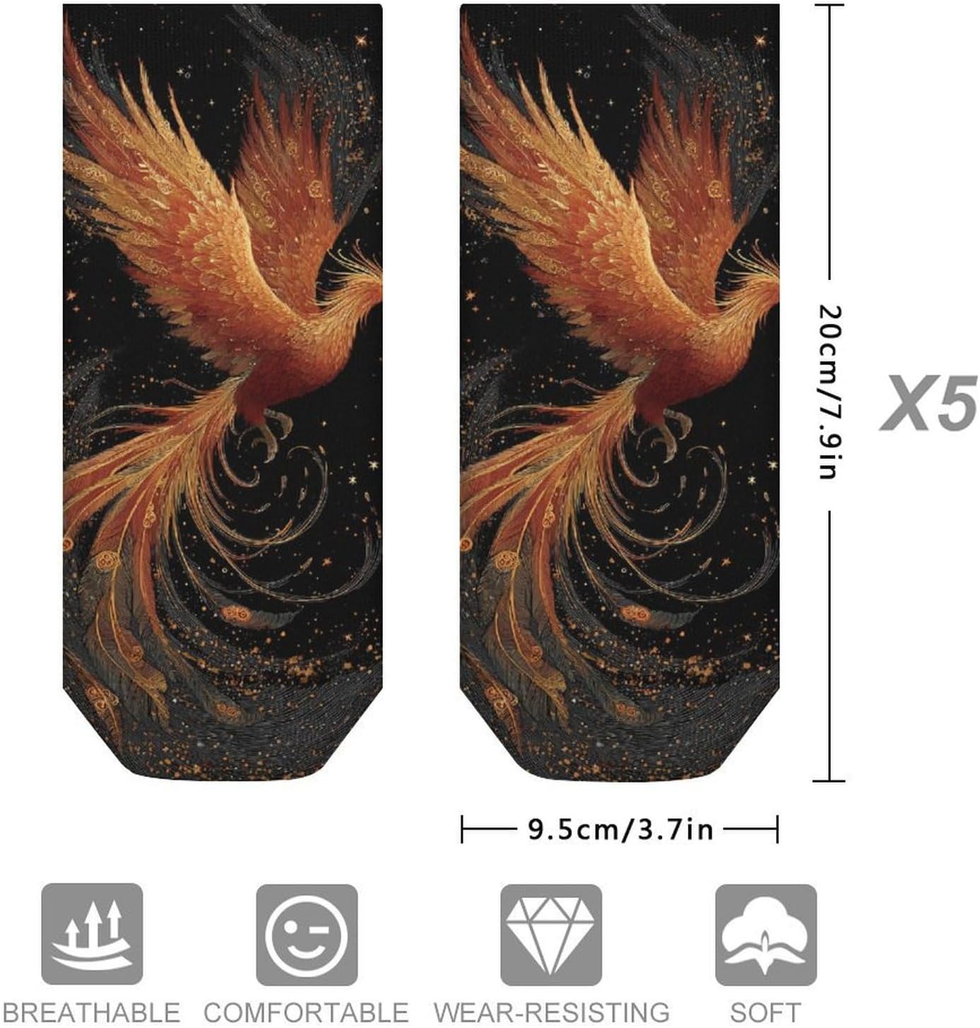Phoenixes Flowing Feathers No Show Ankle Socks Low Cut Non Slip Flat Boat Line 5 Pairs Set