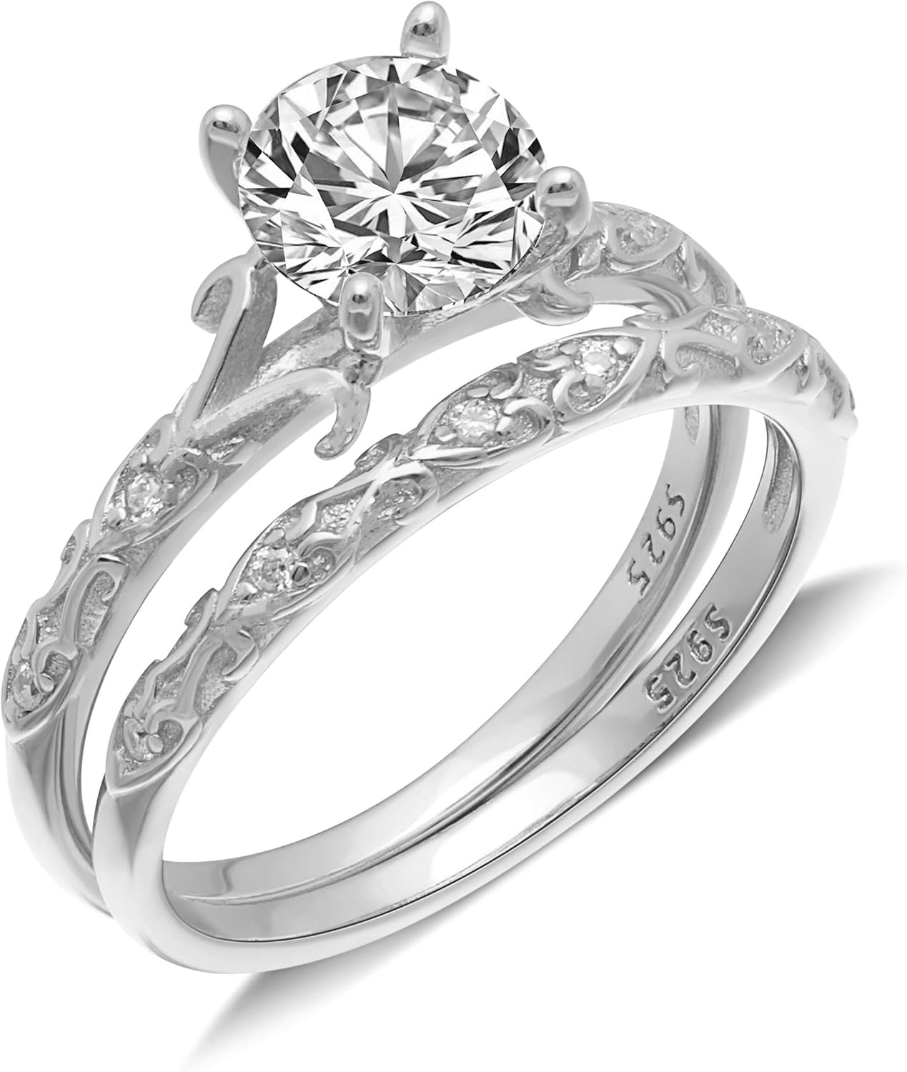Lannelle Wedding Ring Set for Women by Ginger Lyne | Solitaire 1.25 Carat Engagement Ring with Matching Band for Her | White Gold over Sterling Silver Unique Vine Setting Bridal Jewelry for Wife