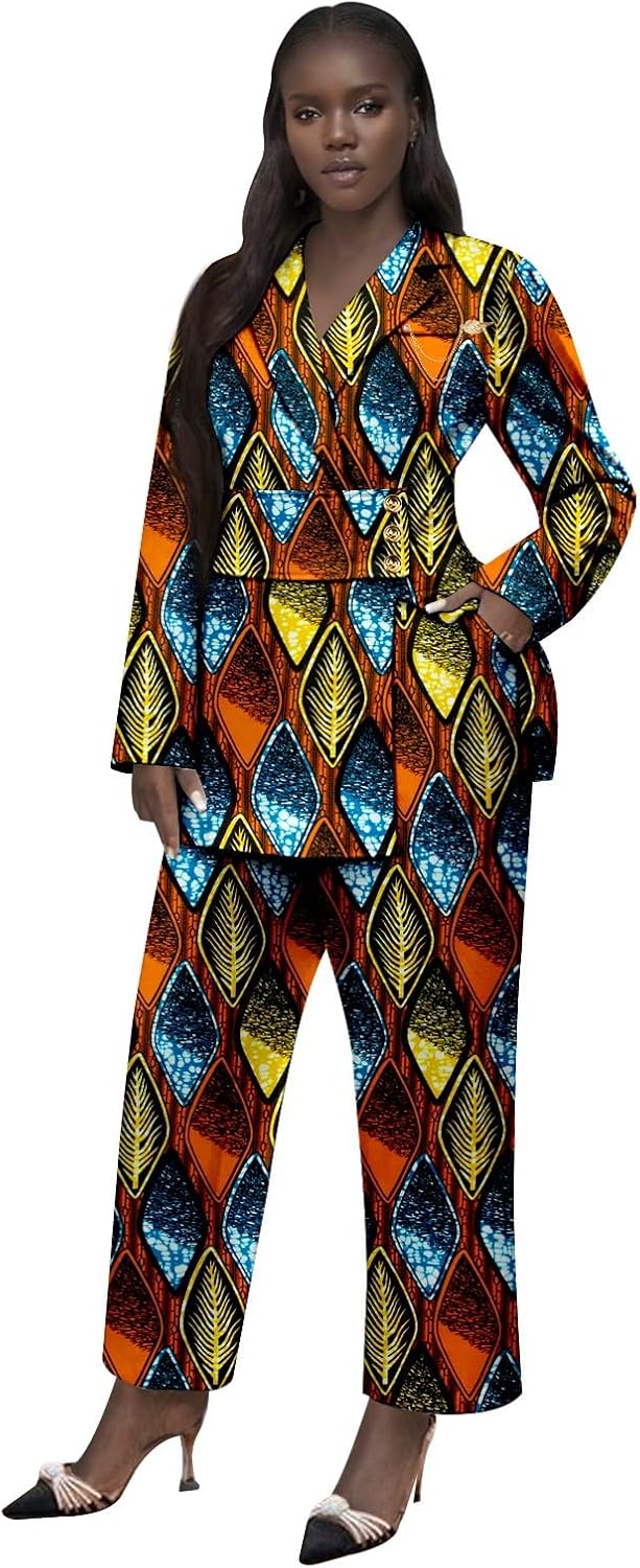 African Clothes for Women Brooch Blazer and Ankle Pants 2 Piece Set Ankara Attire Print Outfits with Belt