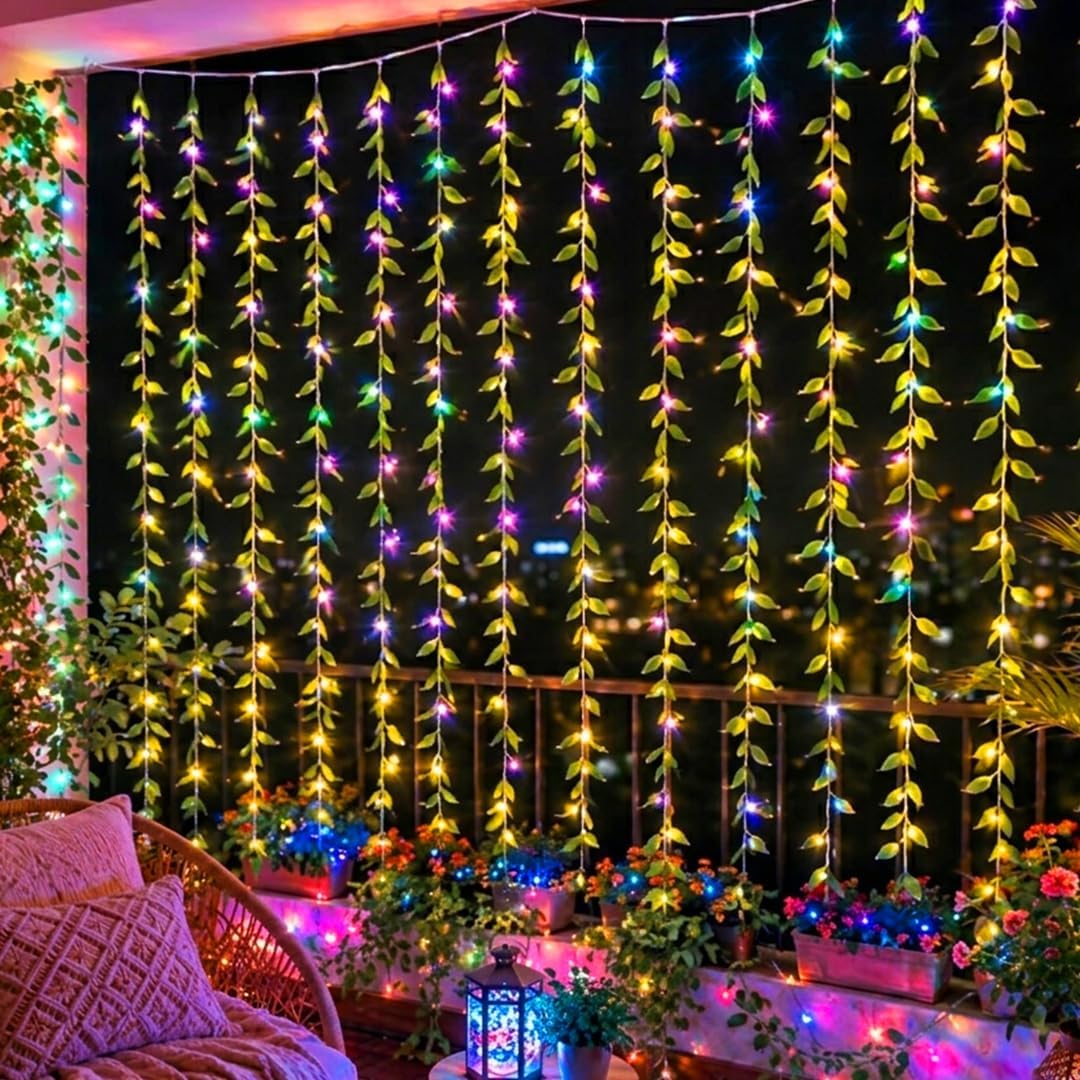 mprow artificial leaf curtain lights – 200 led multicolour fairy string lights, 3x1m, remote control with 8 lighting modes for home, wedding, party, diwali, christmas & festival decoration