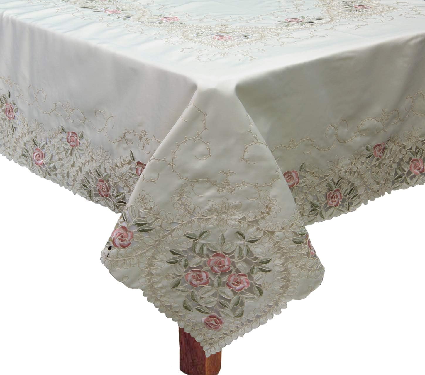 Creative Linens Embroidered Pink Rose Floral Tablecloth 70x120 Rectangular & 12 Napkins Beige Spring Pastel Table Linen