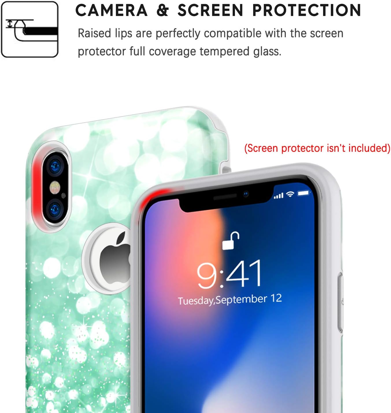 BENTOBEN Dual Layer Heavy Duty Protective Shockproof Rugged Bumper Glitter Bling Girl Women Phone Case Cover for Apple iPhone XS 2018 / X 2017 (5.8 Inch) - Mint Green