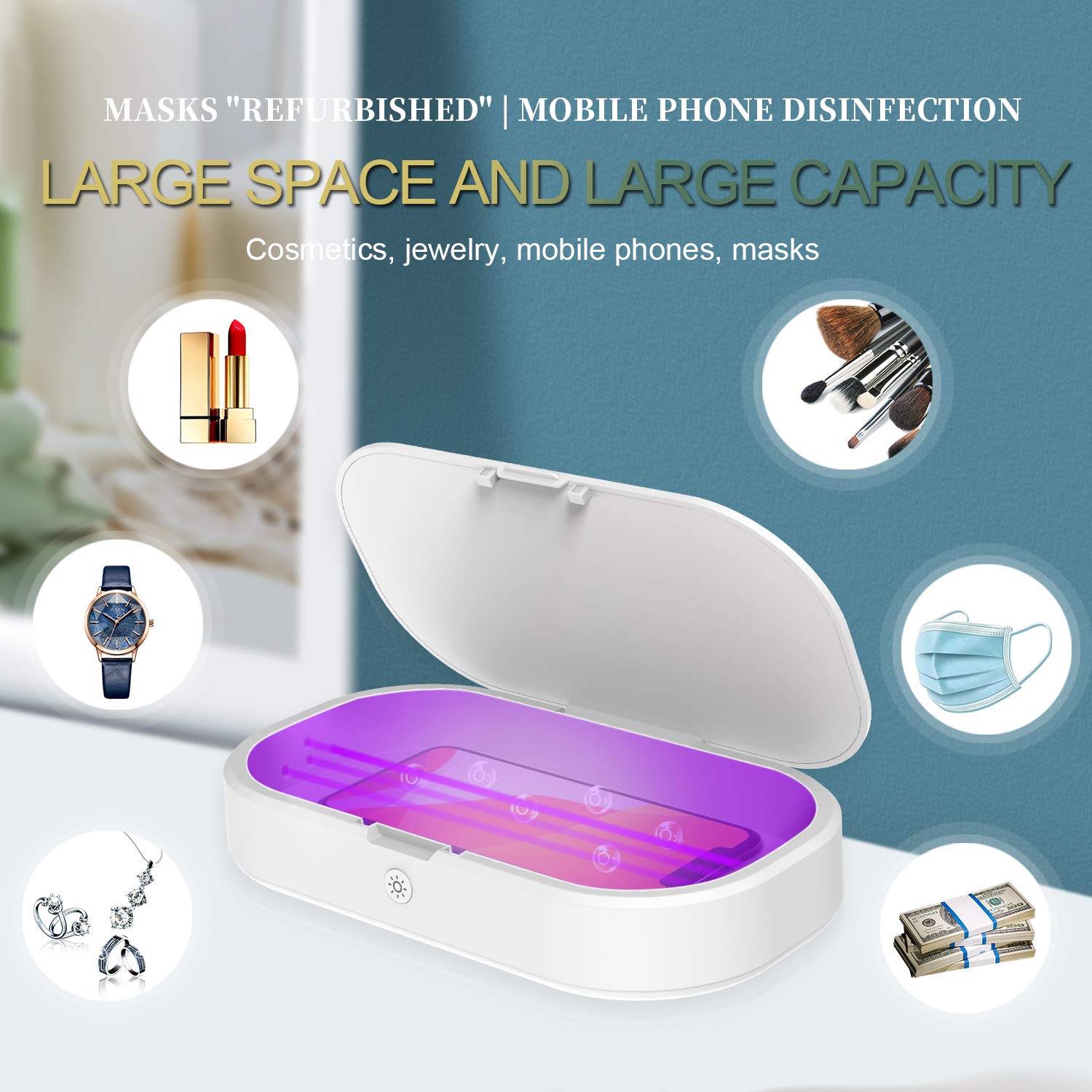 Boîte de désinfection à lumière UV, machine de désinfection portable pour téléphone de voyage, multifonction, sans fil, rechargeable avec fonction d'aromathérapie pour bijoux, masques, lunettes, clés