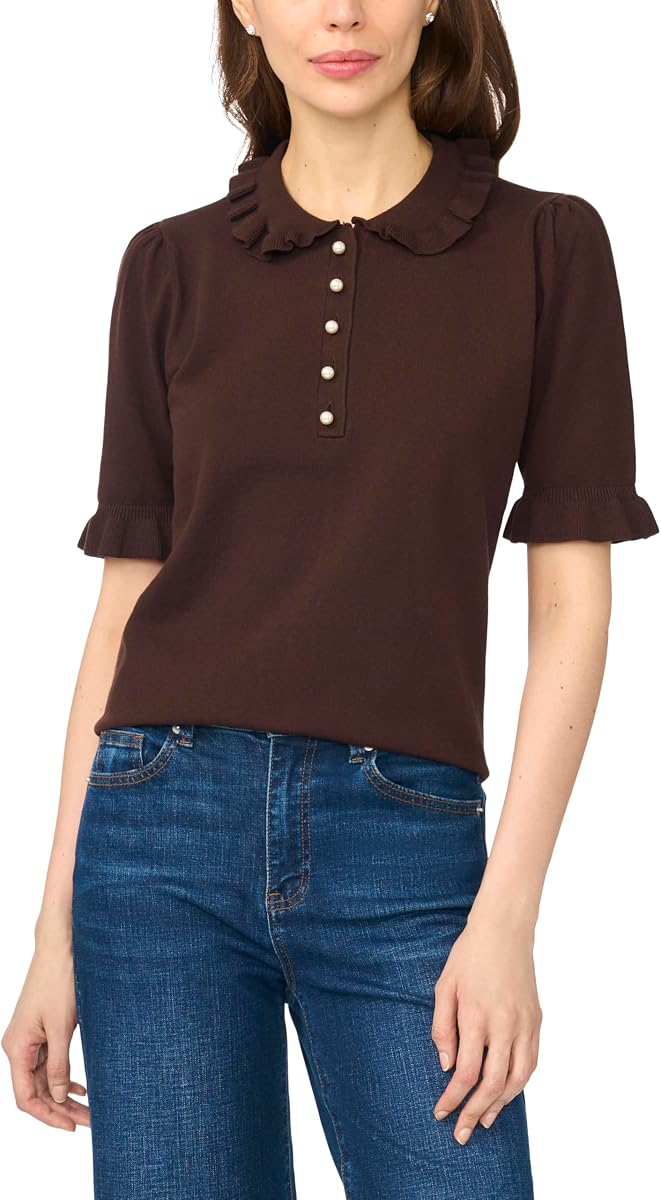 CeCe Women's Short Sleeve Ruffle Collar Polo Sweater
