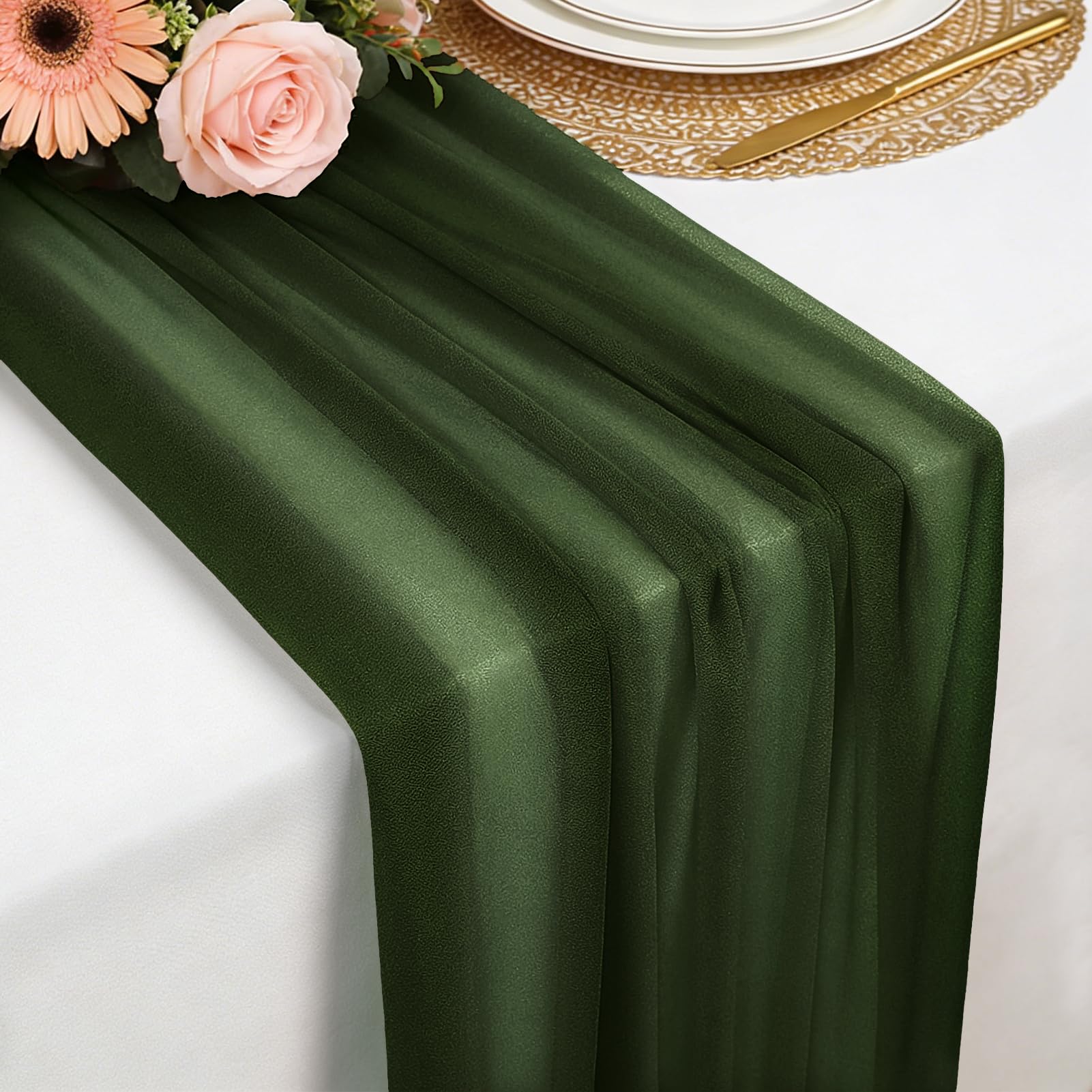 Chiffon Table Runner Dark Green, 77 x 300 cm Soft and Comfortable Table Runner for Boho Wedding, Party, Baptism Decor, Baby Shower, Bridal Shower Kitchen Table Decoration