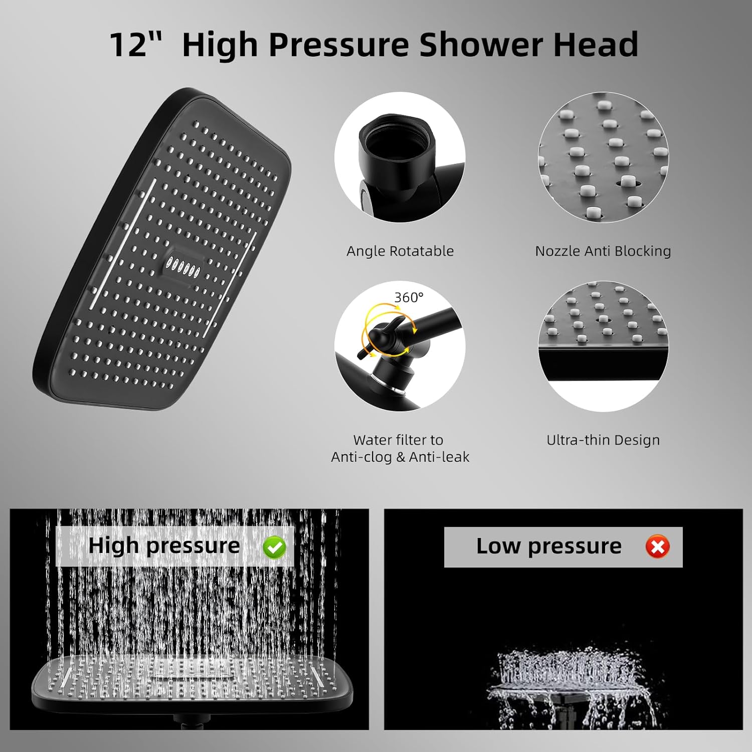 12" Rain Shower Head with Handheld Spray, Rainfall Shower Head with Handheld Combo, 11" Stainless Steel Extension Arm with Height & Angle Adjustable High Pressure Showerheads, Matte Black