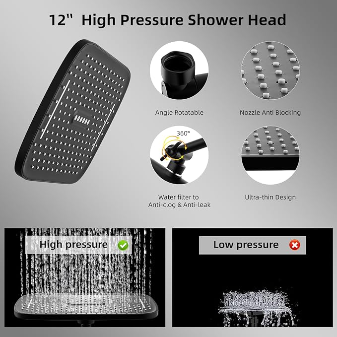 Regadera de Lluvia 12" con Mano Ducha, Negro Mate, AQUARONVIE miniatura 3