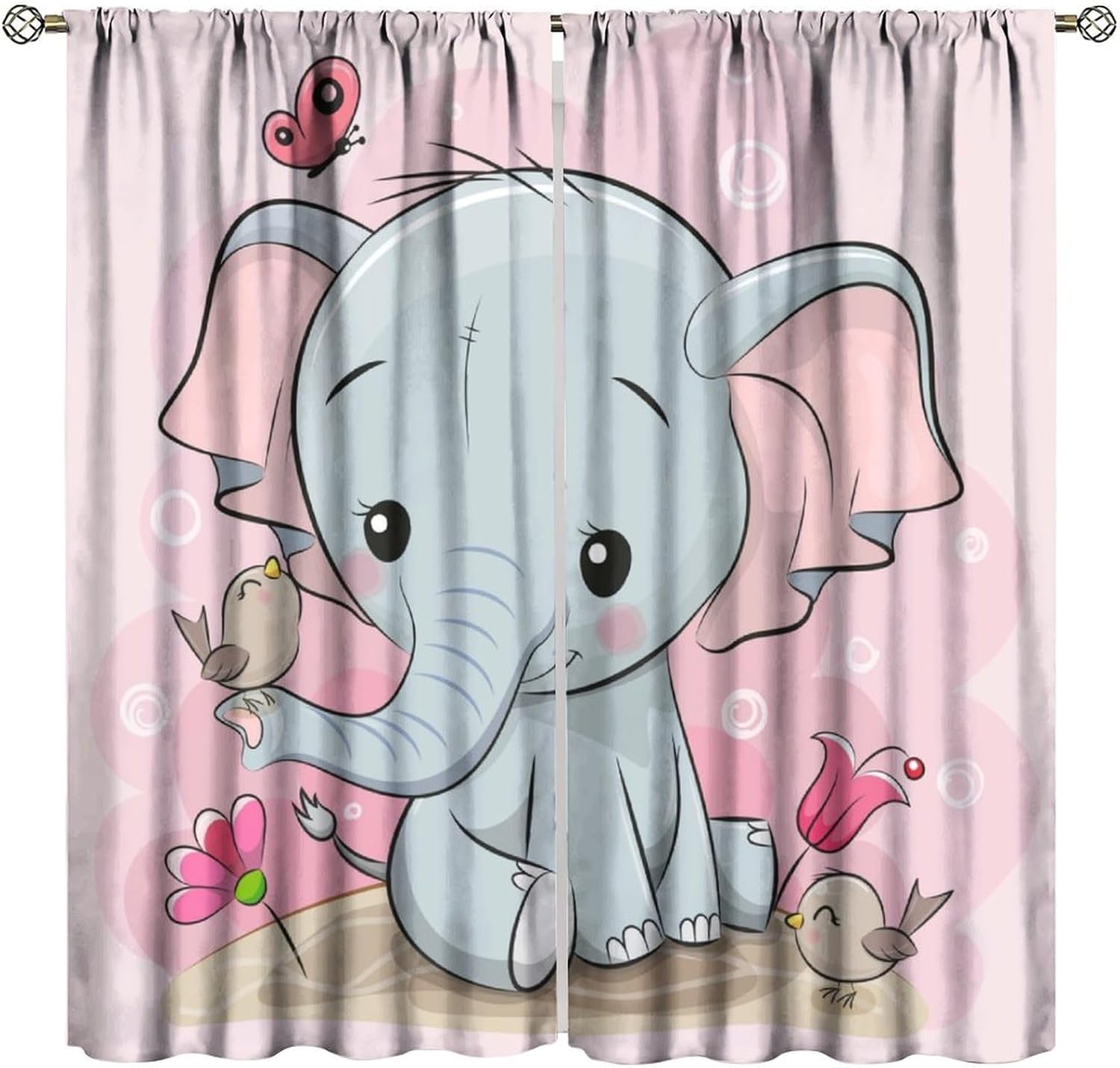Cartoon Elephant Curtains Cute Baby Elephant Birds Butterfly Pattern for Kids Room Decoration Blackout Print Rod Pocket Window Drapes for Bedroom Living Room 42x45in