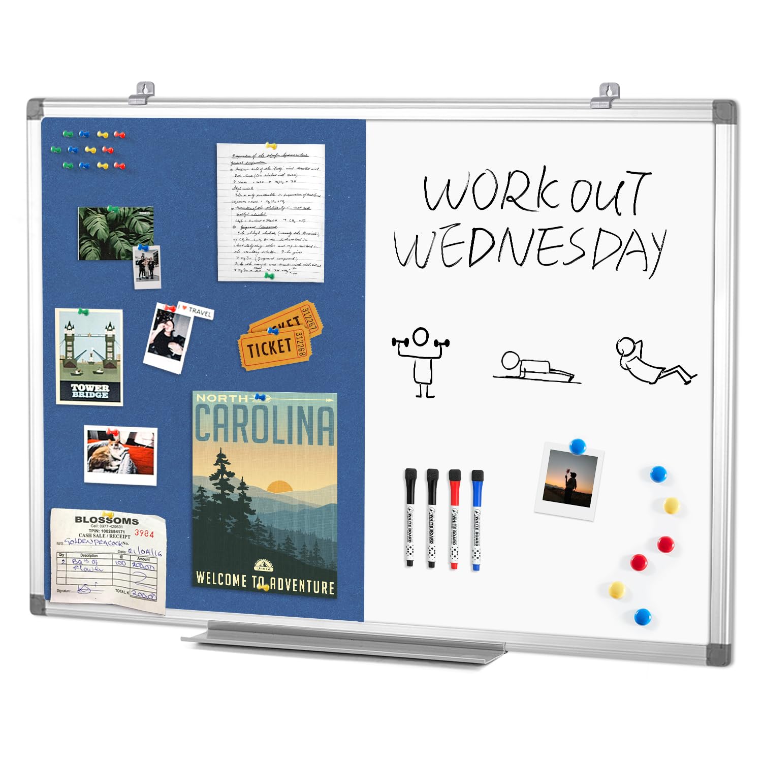 Dry Erase Combo Board Magnetic Presentation Whiteboard Pin Bulletin Combination Board,Blue,90x60cm