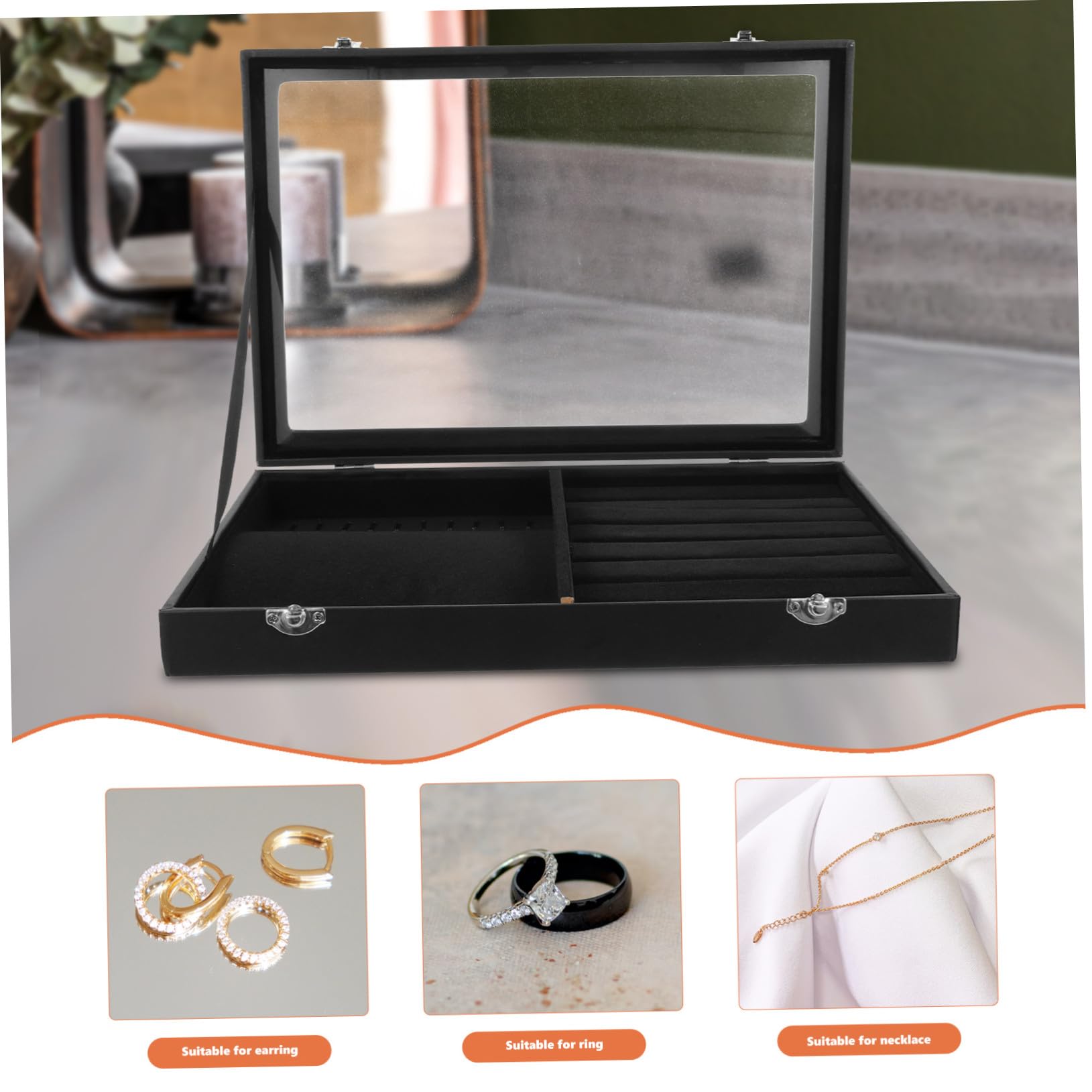 Hemobllo Caja de Almacenamiento de Joyas Negra con Tapa, Organizador de Collares y Anillos de Estilo Simple
