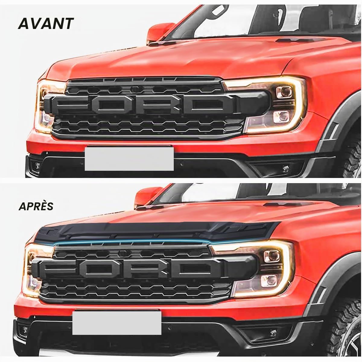 Protection contre les éclats de pierre et déflecteur d'insectes pour Ford Ranger 2023-2026 T9 Raptor Wildtrak X Wildtrak Platinum XL XLT Limited Tremor, protection de capot en ABS mat noir