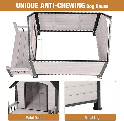 Miniatura 3 de Casa para perros con marco de hierro metálico antimordeduras, perrera de madera para exteriores, refugio para cachorros para perros pequeños,