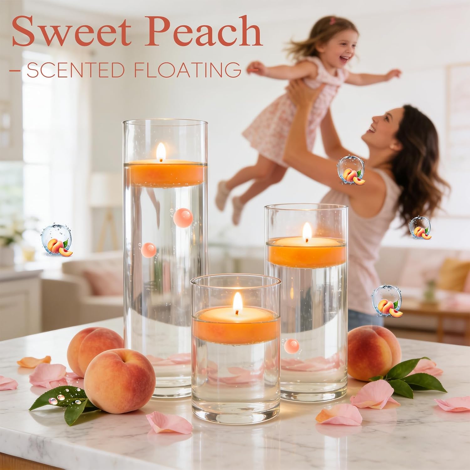 36 Packs 3 Inch Honey Peach Scented Floating Candles, 8-10 Hours Burn Time Sweet Peach Highly Scented Floating Candles for Home, Pool, Bathtub, Relaxation, Party, Centerpiece